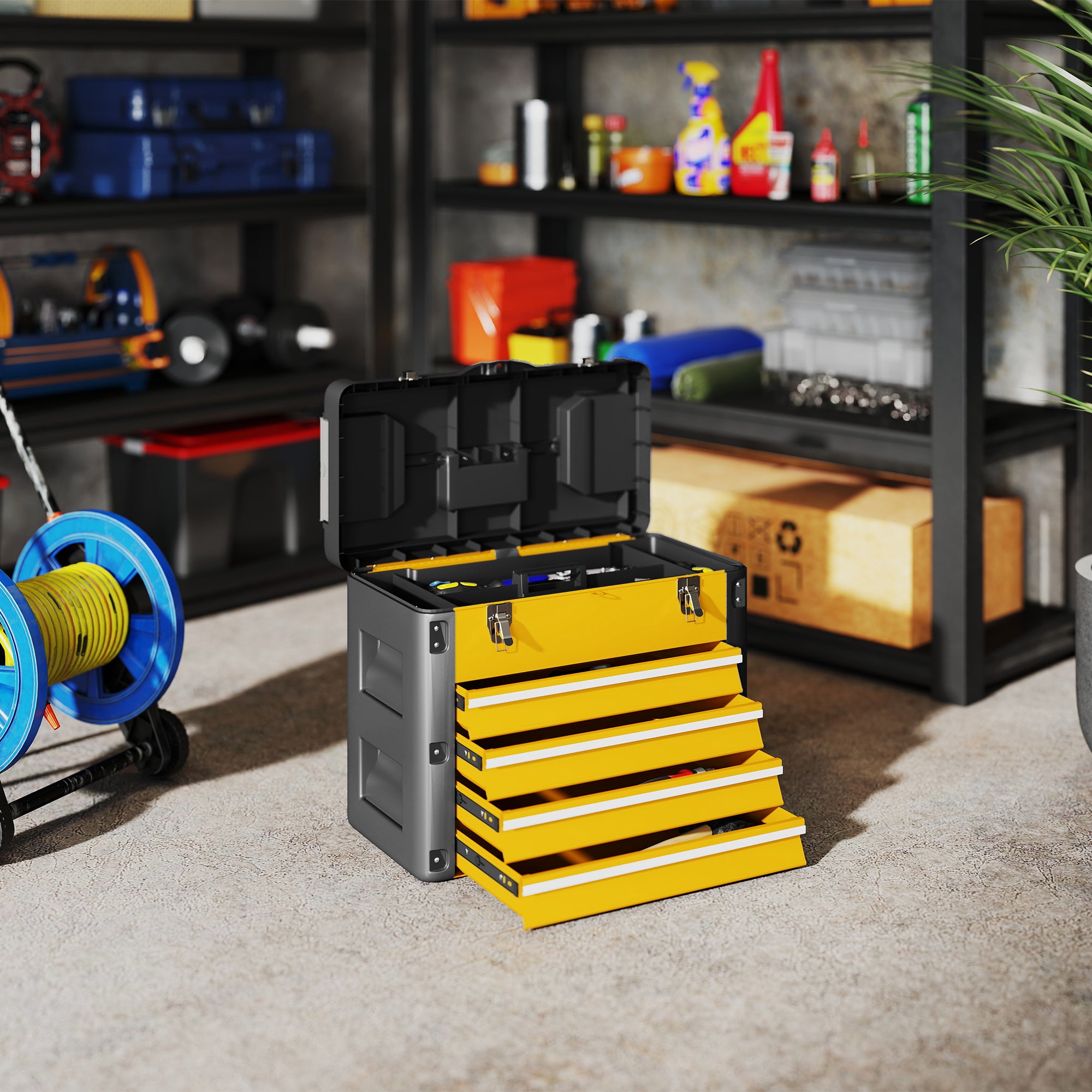 HOMCOM 4 Drawers Large Toolbox - Yellow - anydaydirect