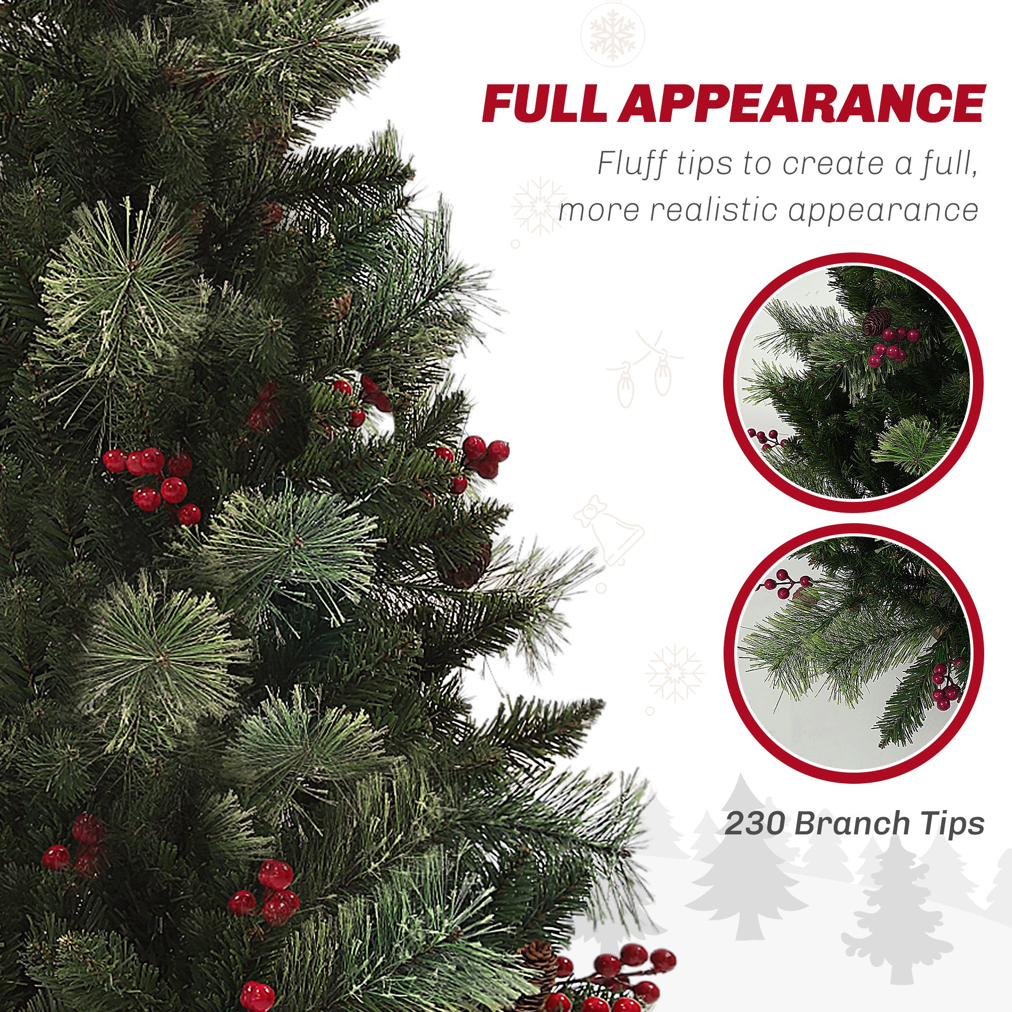 HOMCOM 1.2m/4ft Artificial Christmas Tree with 100 Warm White LED Lights and 8 Modes, Small Xmas Tree with Red Berries, Pine Cones and Retro Base, Green - anydaydirect