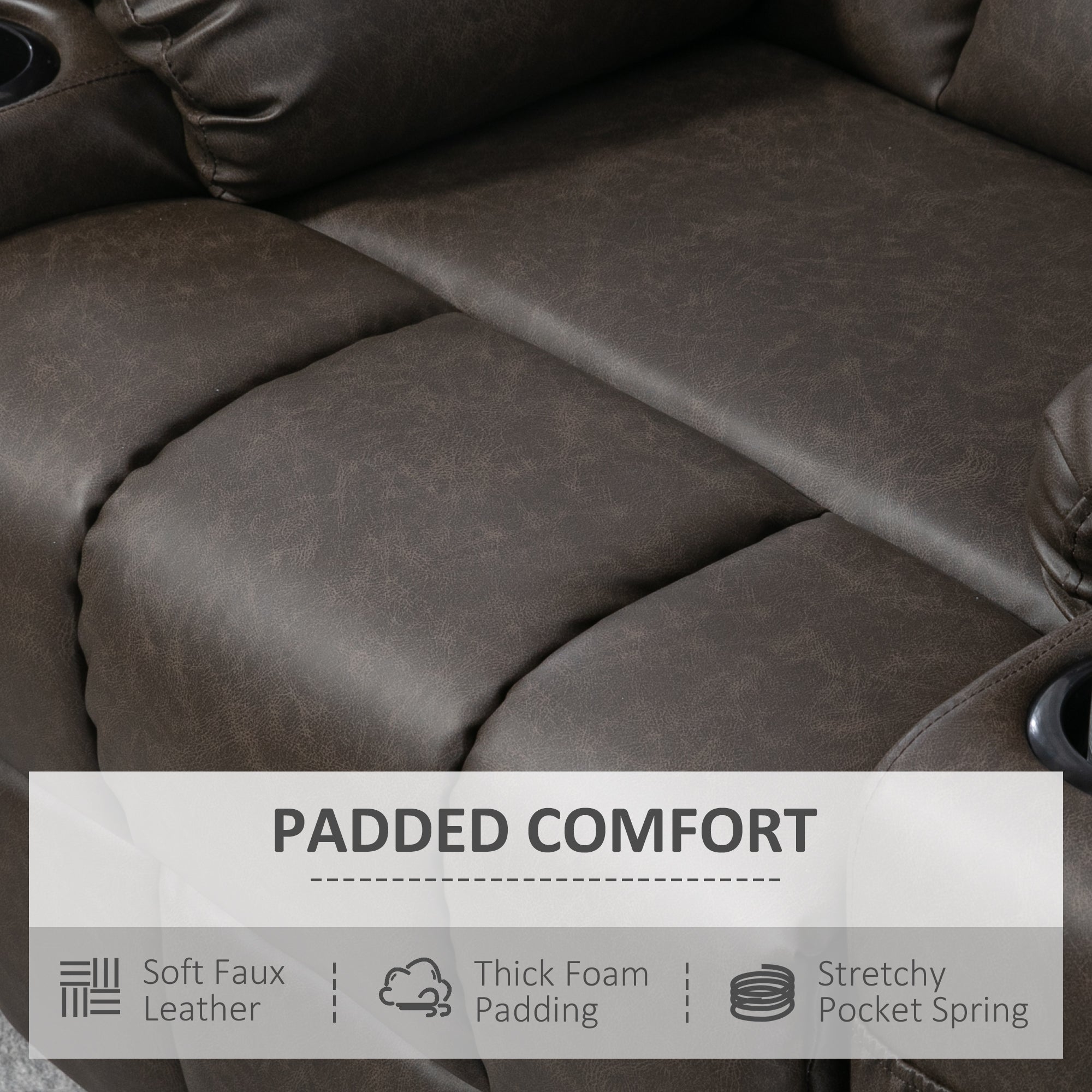HOMCOM Manual Reclining Chair, Recliner Armchair with Faux Leather, Footrest, Cup Holders, 86x93x102cm, Brown - anydaydirect