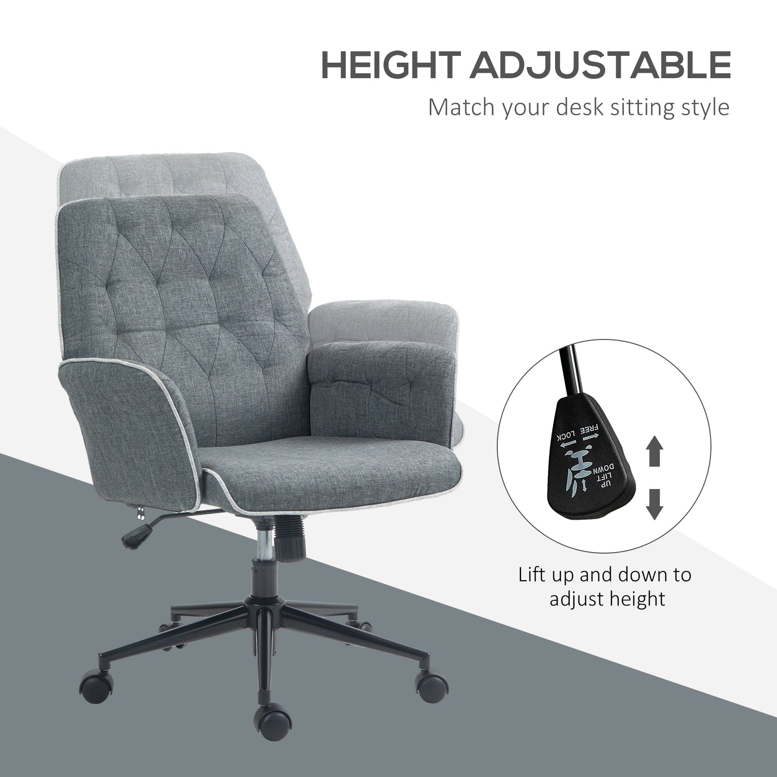 HOMCOM Linen Computer Chair with Armrest, Modern Swivel Chair with Adjustable Height, Dark Grey - anydaydirect