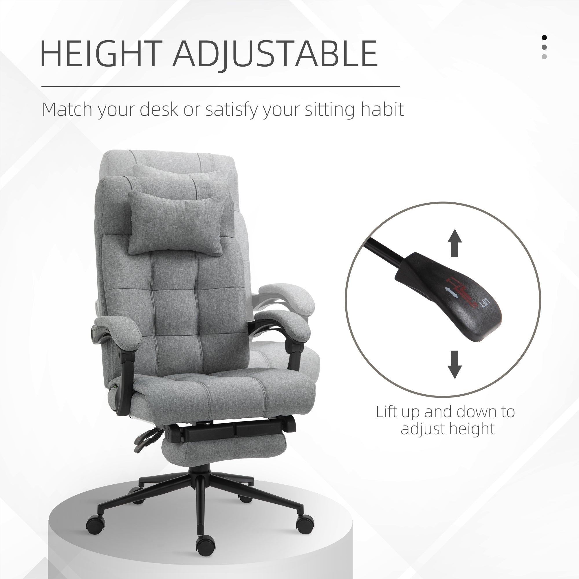 Vinsetto Office Chair with Footrest Ergonomic Office Chair with Armrests Lumber Support and Headrest Light Grey - anydaydirect