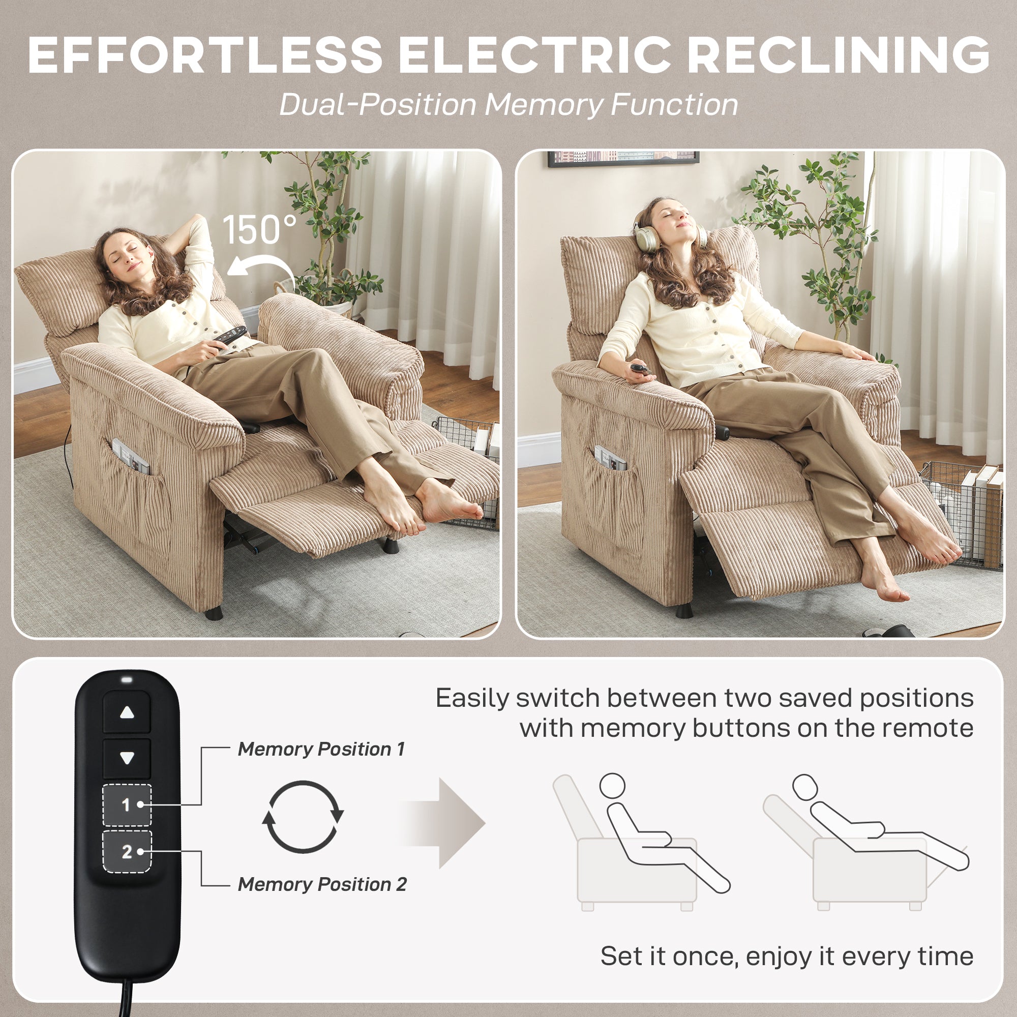HOMCOM Corduroy Electric Massage Recliner - Brown - anydaydirect
