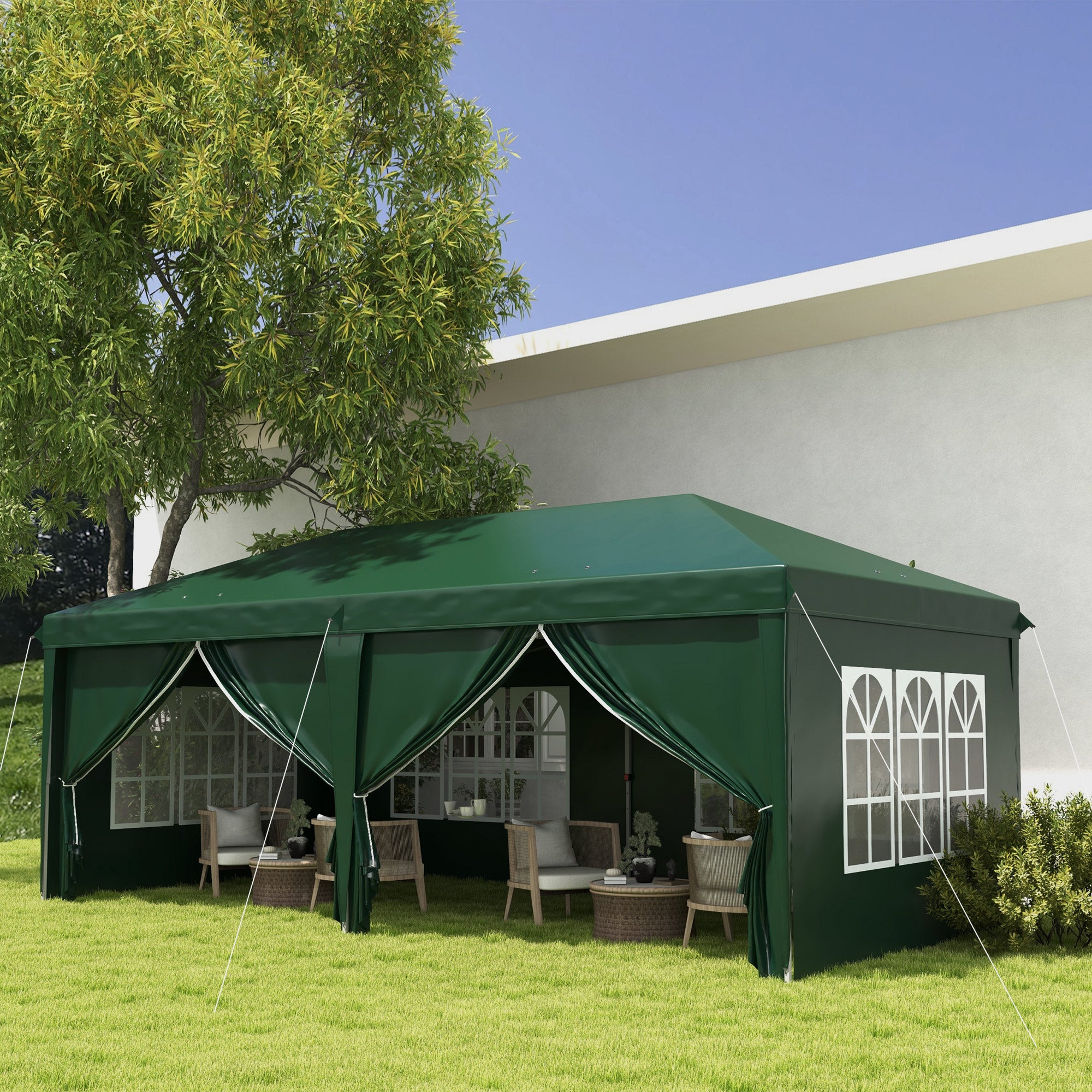 Outsunny 3 x 6m Pop-Up Gazebo, with Curtain Walls and Windows - Dark Green - anydaydirect