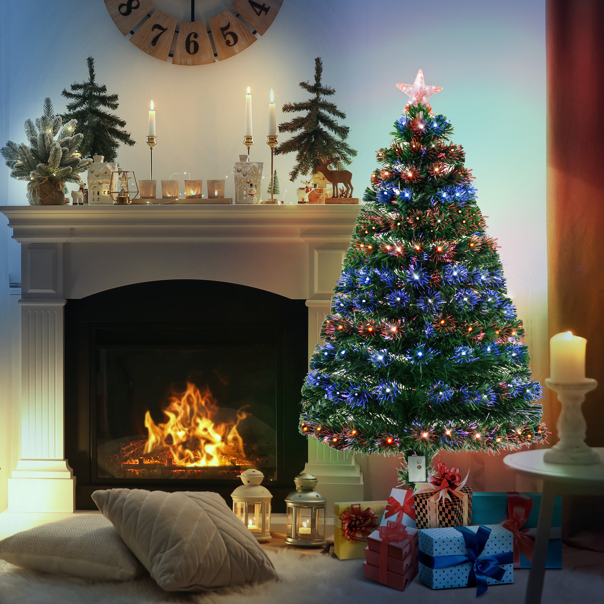 HOMCOM 4ft Pre Lit Christmas Tree Artificial Tree with Multi-Coloured Fiber Optic LED Light(4ft (120cm)) - anydaydirect