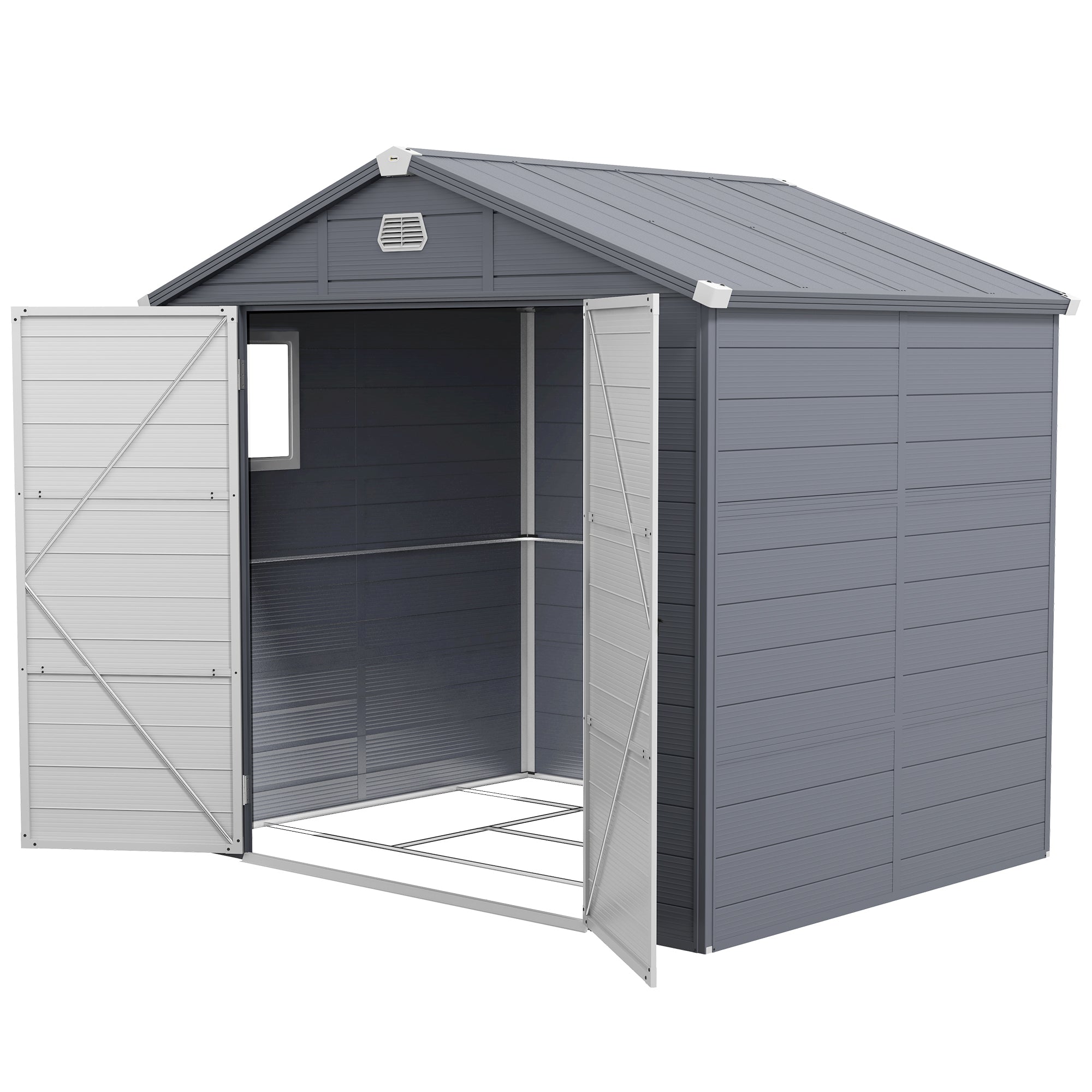 Outsunny 8 x 6ft Garden Shed with Foundation Kit, Polypropylene Outdoor Storage Tool House with Ventilation Slots and Lockable Door, Grey - anydaydirect