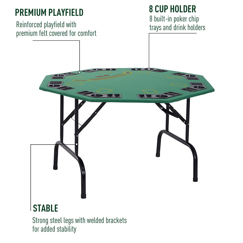 HOMCOM 8 Player Folding Games Poker Table with Chip Cup Holder Steel Base Felt Top Octagon Blackjack Green - anydaydirect
