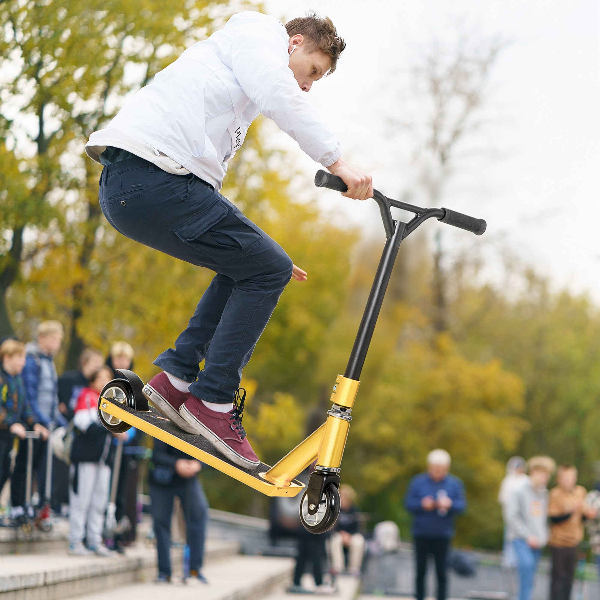 HOMCOM Stunt Scooter, 360° Entry Level Tricks Scooter w/ Lightweight Aluminium Deck and ABEC 7 Bearing, For Age 14+ Beginners, Gold Tone - anydaydirect