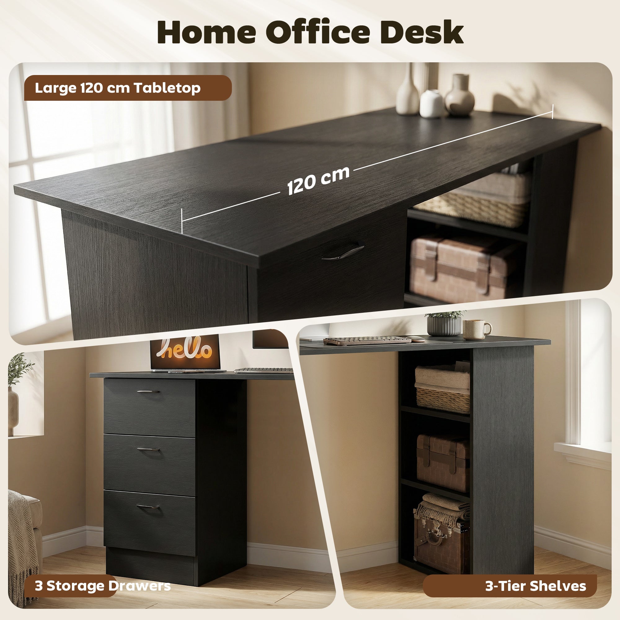 HOMCOM Computer Desk, Writing Table, PC Workstation with 3 Storage Shelves and Drawers, Handle, for Home Office, Black - anydaydirect