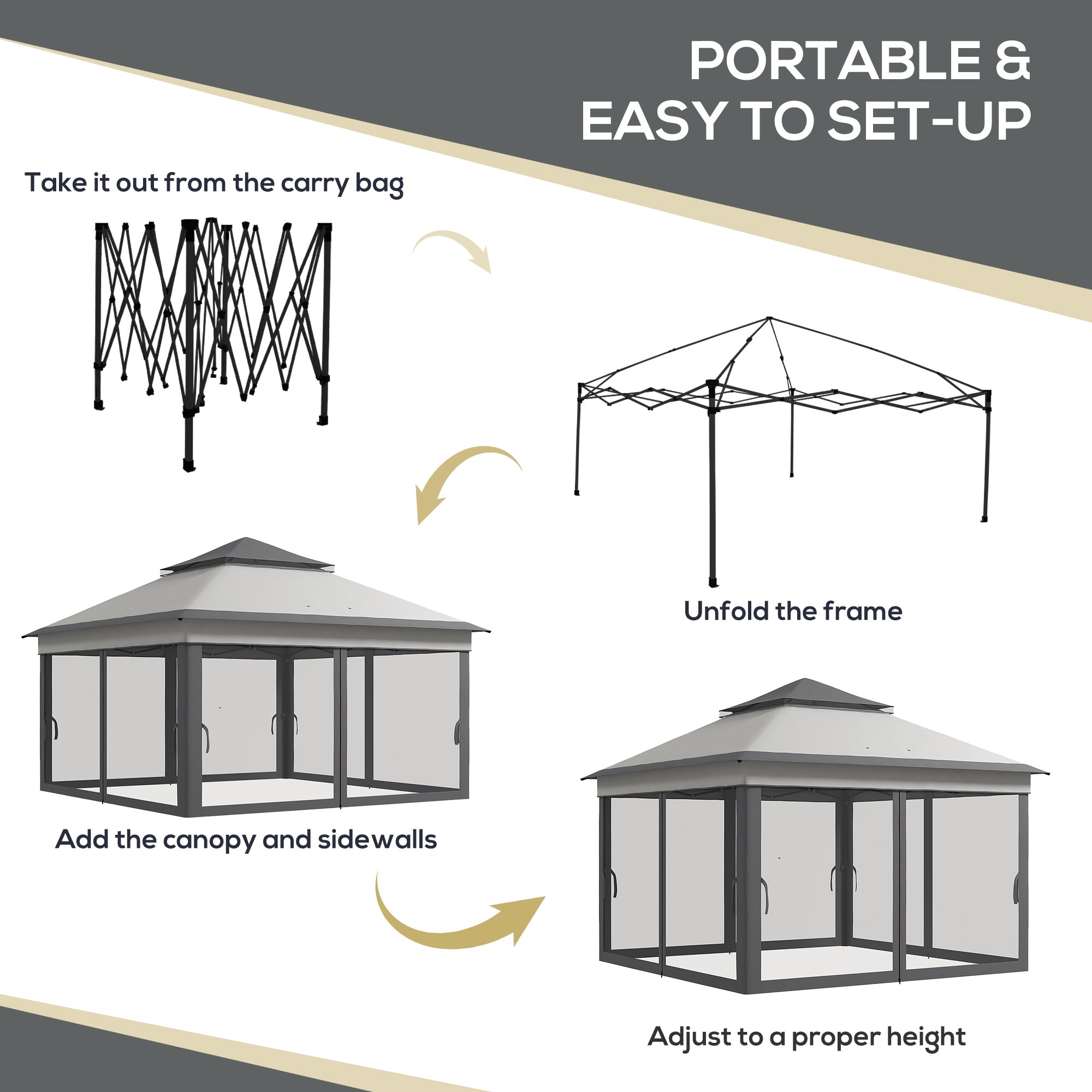 Outsunny 3 x 3(m) Pop Up Gazebo, Height Adjustable Instant Event Shelter with Netting and Carrying Bag, Grey - anydaydirect