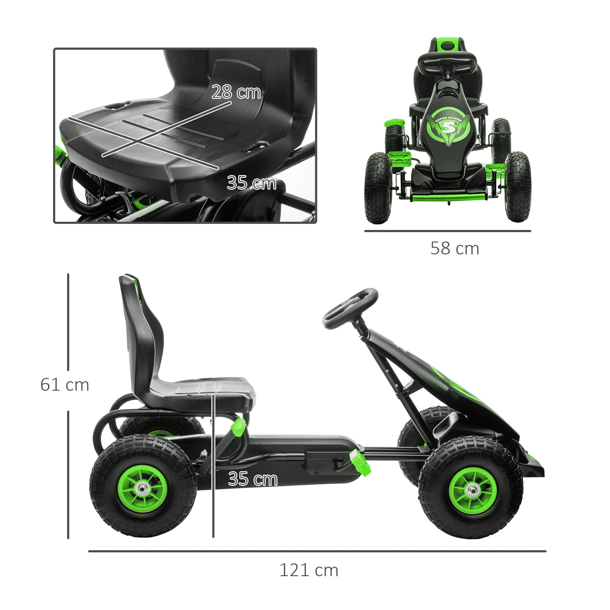 HOMCOM Children Pedal Go Kart, Racing Go Cart w/ Adjustable Seat, Inflatable Tyres, Shock Absorb, Handbrake, for Kids Ages 5-12, Green - anydaydirect