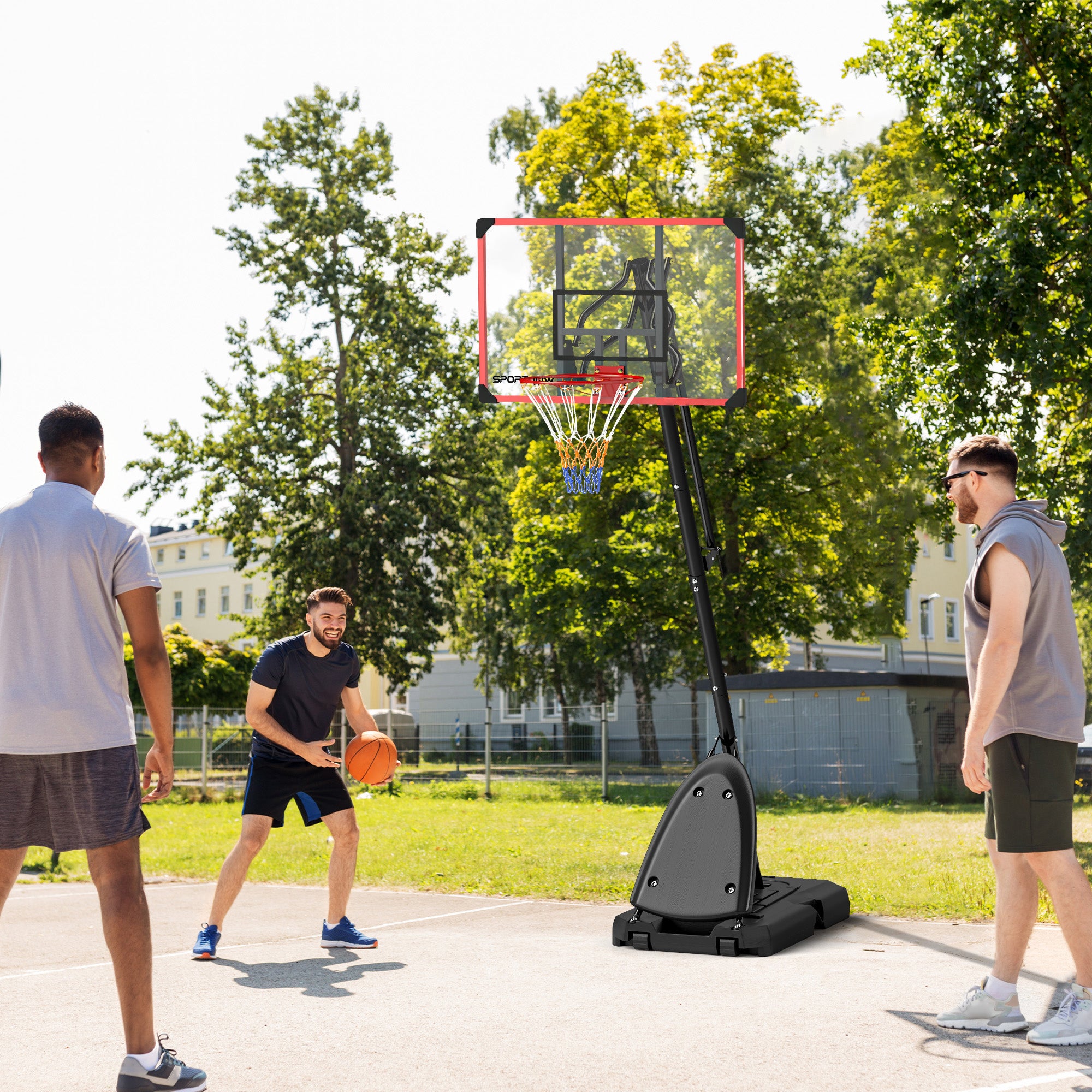 SPORTNOW 2.4-2.9m Adjustable Basketball Hoop and Stand with Weighted Base, Portable on Wheels, Red - anydaydirect