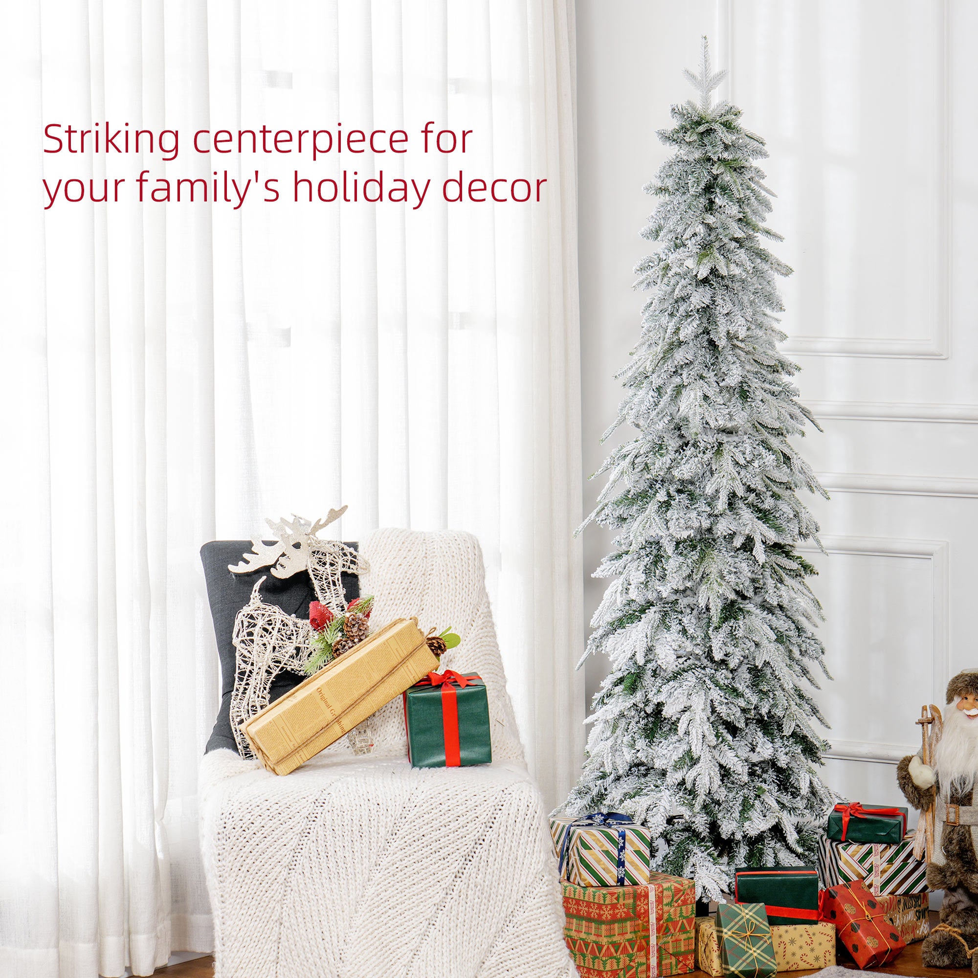 HOMCOM 6ft Pencil Artificial Christmas Tree, Snow Flocked Xmas Tree with Downswept Branches and 600 Tips, Auto Open, Steel Base, Holiday Decoration for Home Office, Green - anydaydirect