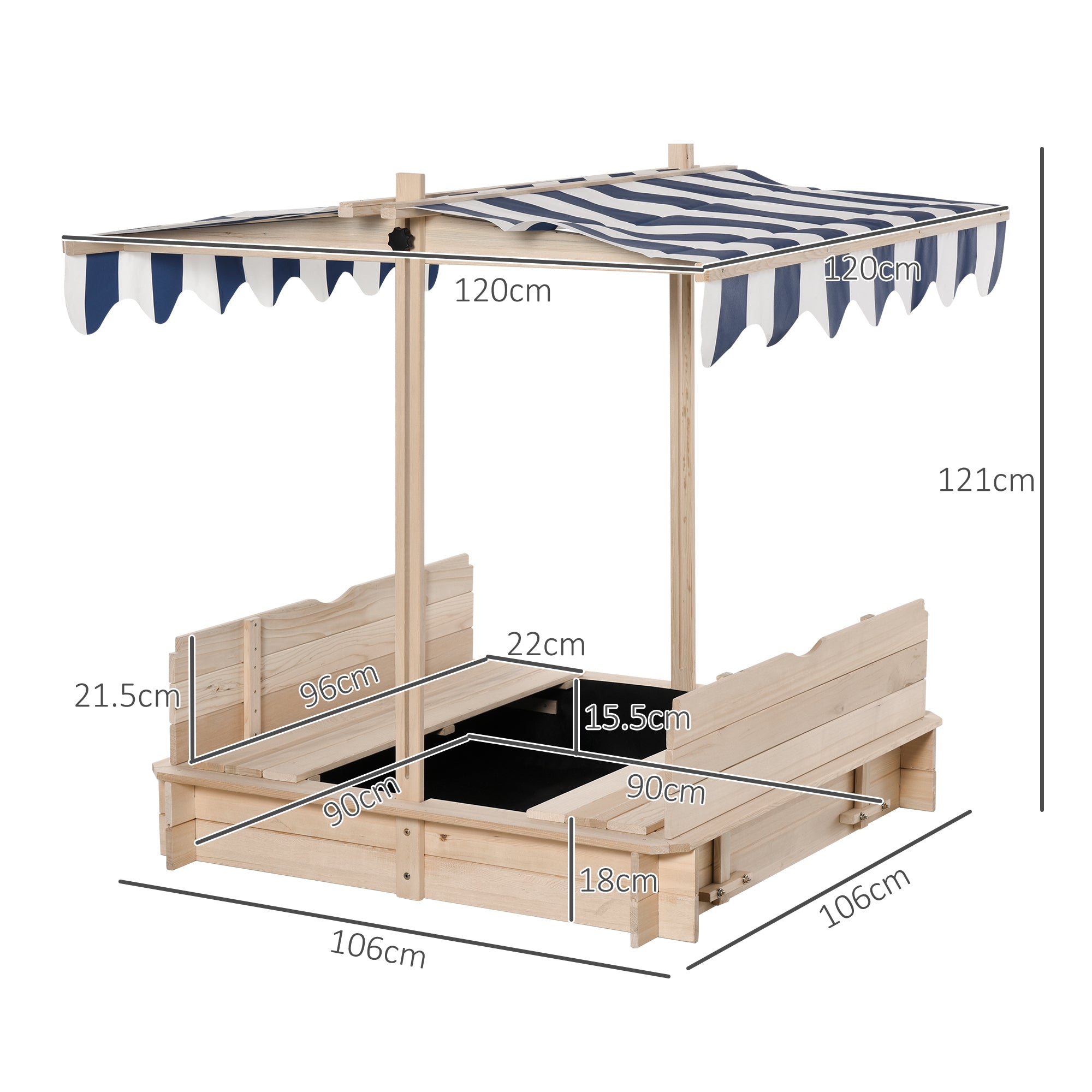 Outsunny Kids Wooden Sand Pit with Lids Children Sandbox Height Adjustable Canopy for Garden, Convertible Bench Seat Outdoor Backyard Playset, Blue and White Canopy - anydaydirect