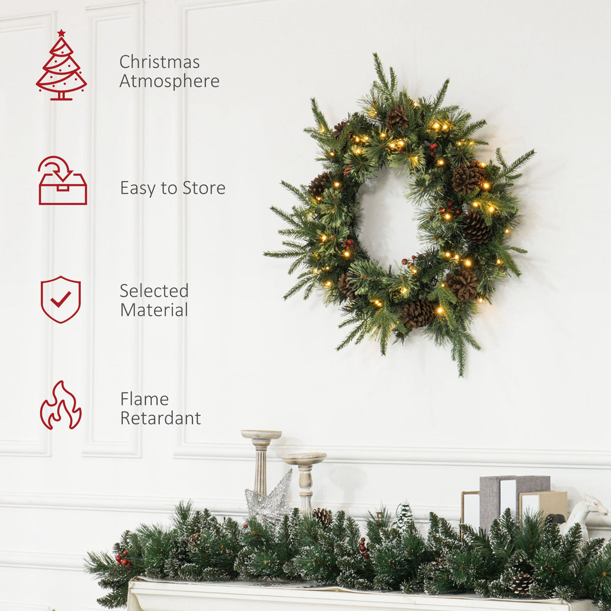 HOMCOM 60cm Pre-Lit Christmas Wreath for Front Door with LED Lights, Pine Cones and Red Berries, Winter Wreath for Windows, Wall Decoration, Green - anydaydirect
