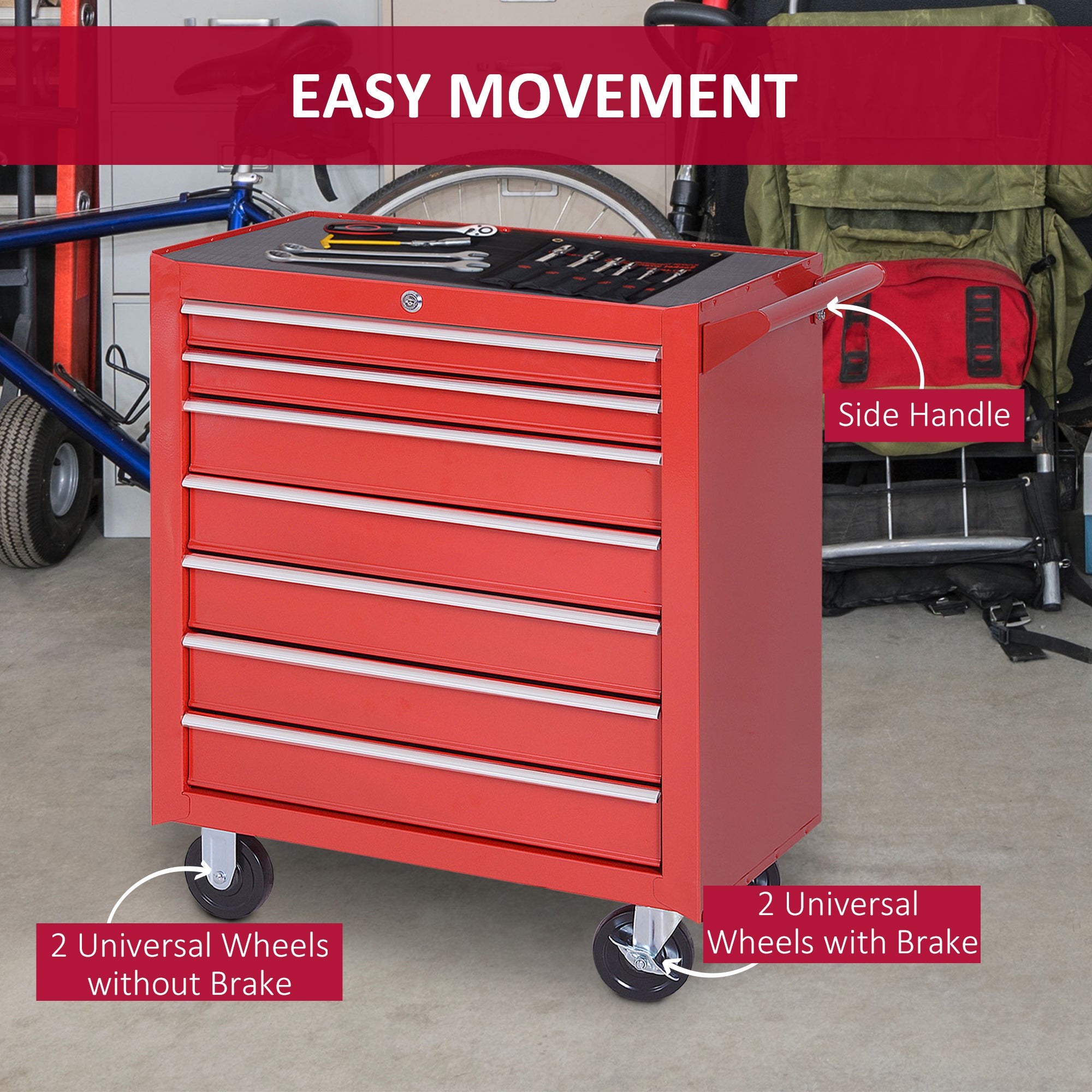 DURHAND 7-Drawer Rolling Tool Chest on Wheels, Lockable Tool Cabinet with Side Handle, Metal Tool Box Trolley for Garage, Workshop, Red - anydaydirect