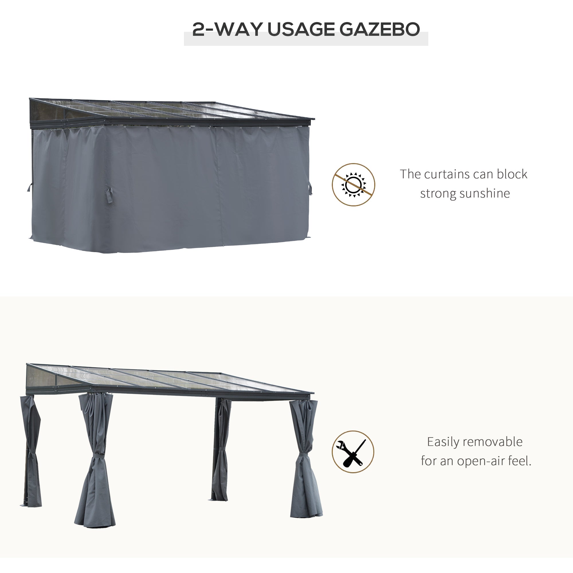 Outsunny 4 x 3(m) Outdoor Hardtop Gazebo with Curtains, Lean to Aluminium Pergola with Polycarbonate Roof, Garden Pavilion Sun Shade Shelter, Grey - anydaydirect