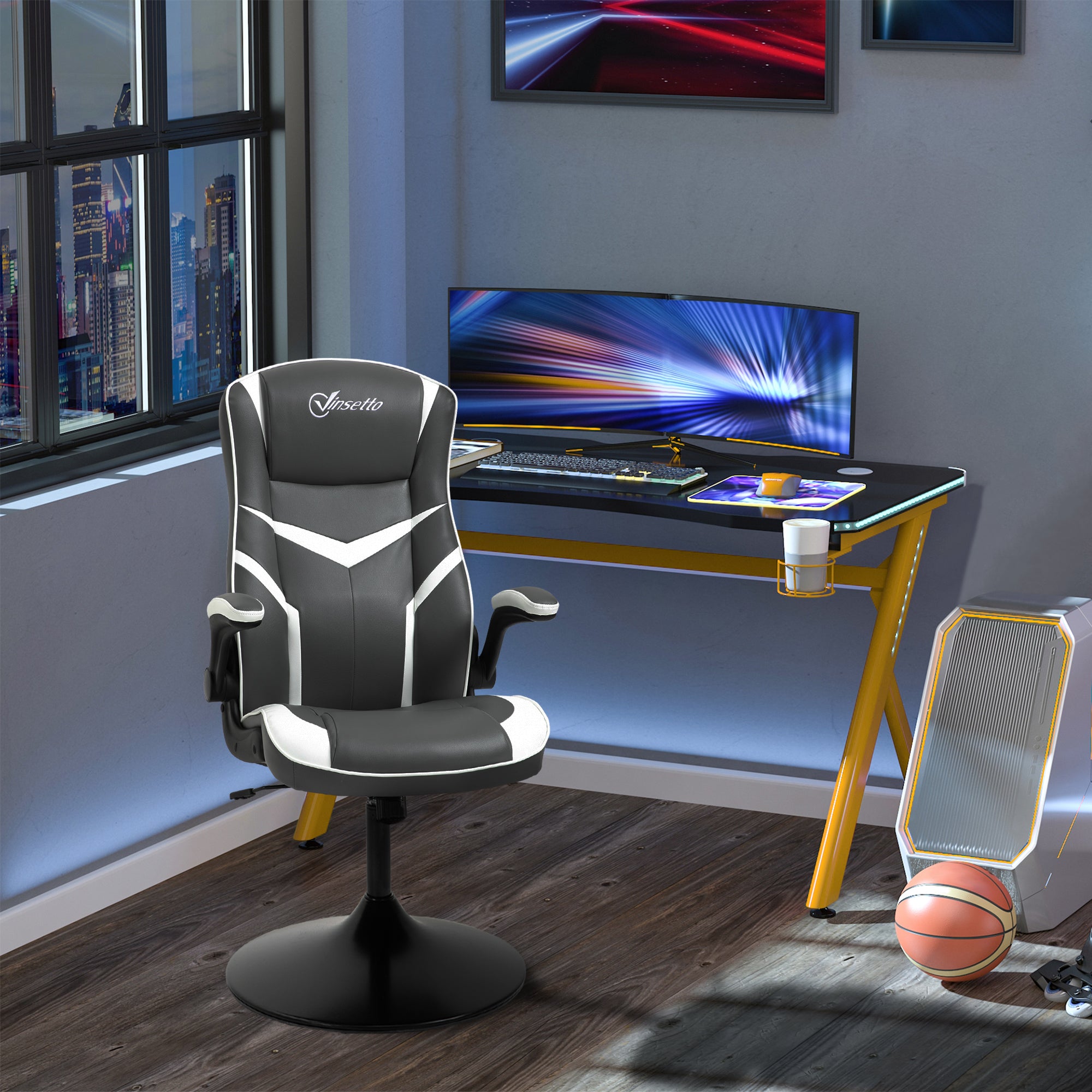 Vinsetto Gaming Chair Ergonomic Computer Chair with Adjustable Height Pedestal Base, Home Office Desk Chair PVC Leather Exclusive Swivel Chair Grey - anydaydirect