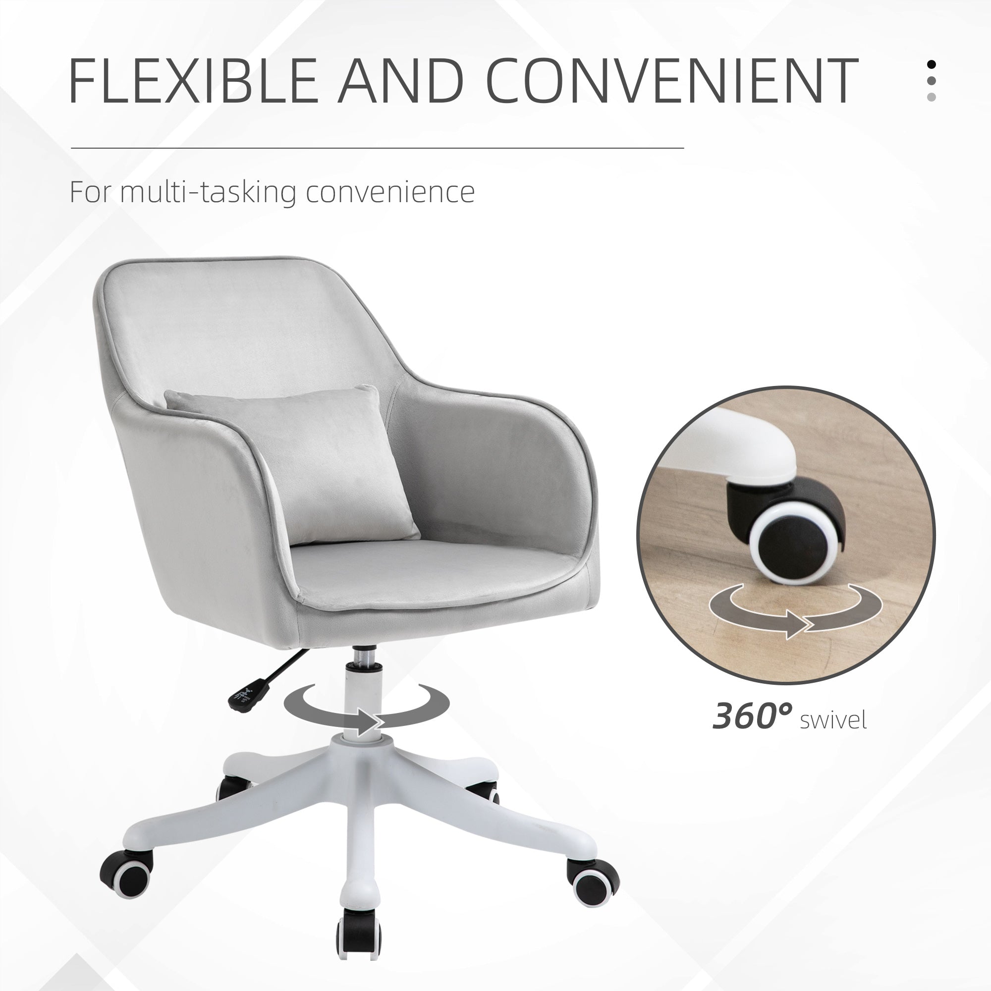 Vinsetto Velvet Office Chair, Desk Chair, Makeup Vanity Chair with Massage Lumbar Pillow and Rolling Wheels for Bedroom and Home, Grey - anydaydirect