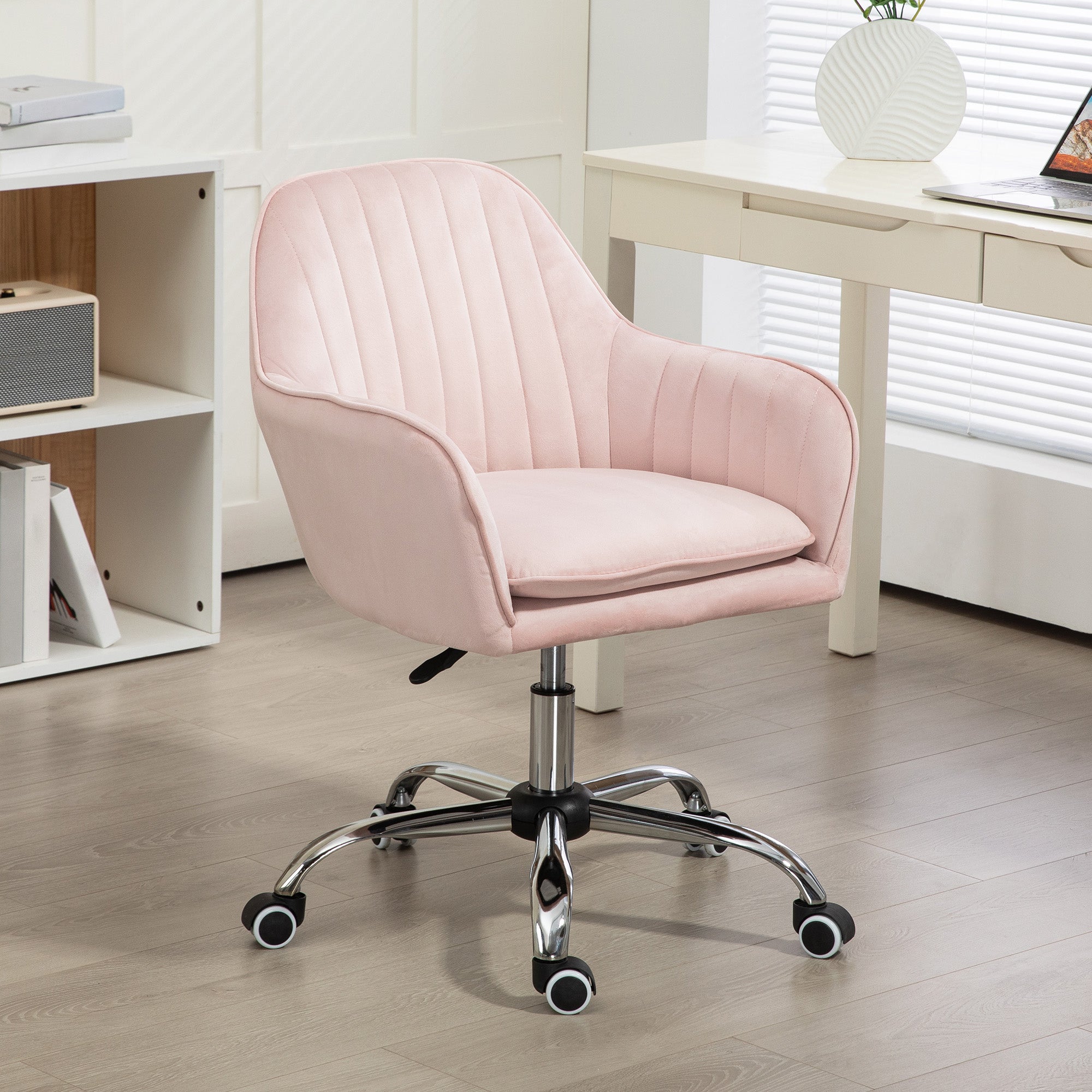 HOMCOM Velvet-Feel Tub Office Chair, with Seat Cushion - Pink - anydaydirect