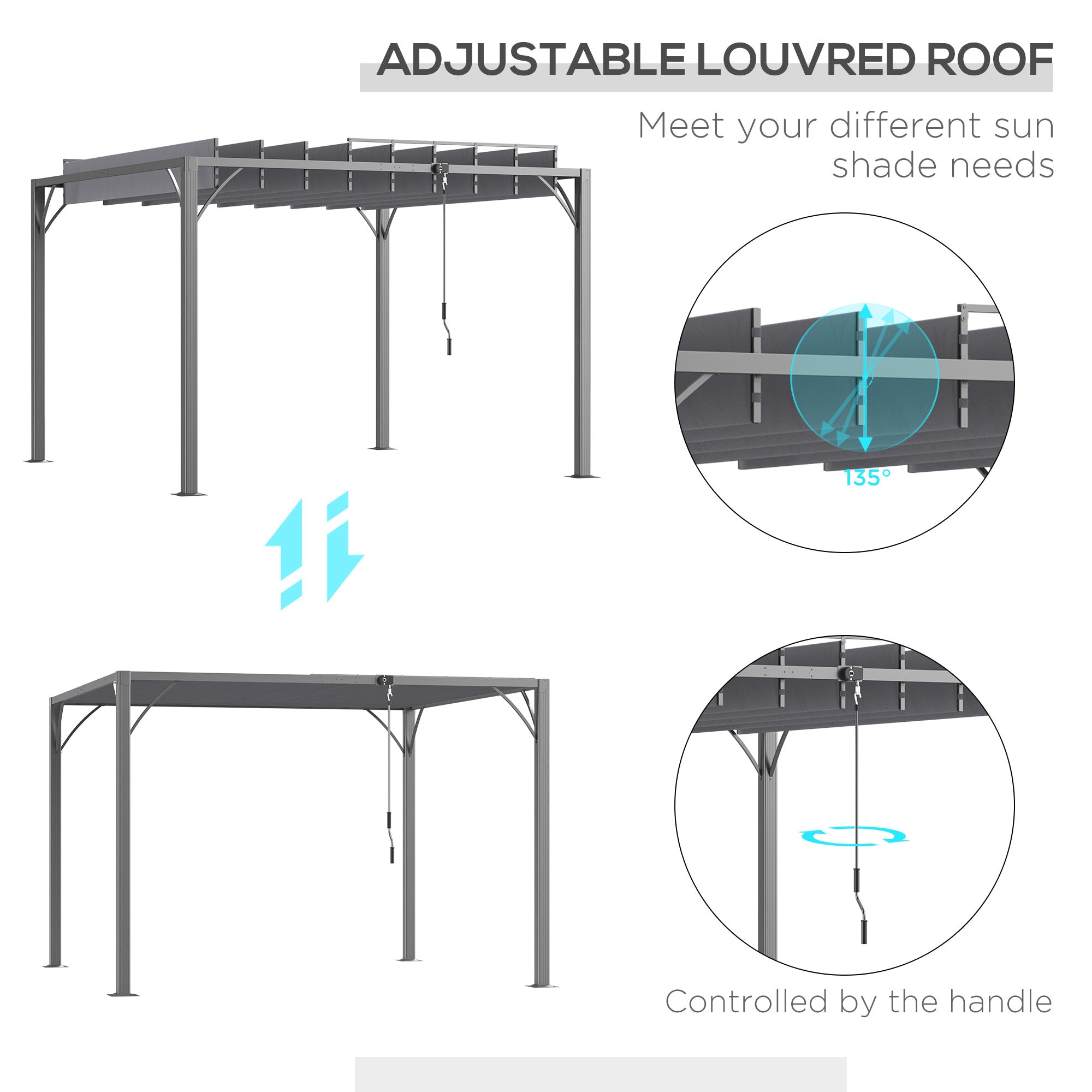 Outsunny 3 x 3(m) Outdoor Pergola with Retractable Roof, Aluminium Louvered Patio Gazebo Canopy for Lawn Garden Patio, Grey - anydaydirect