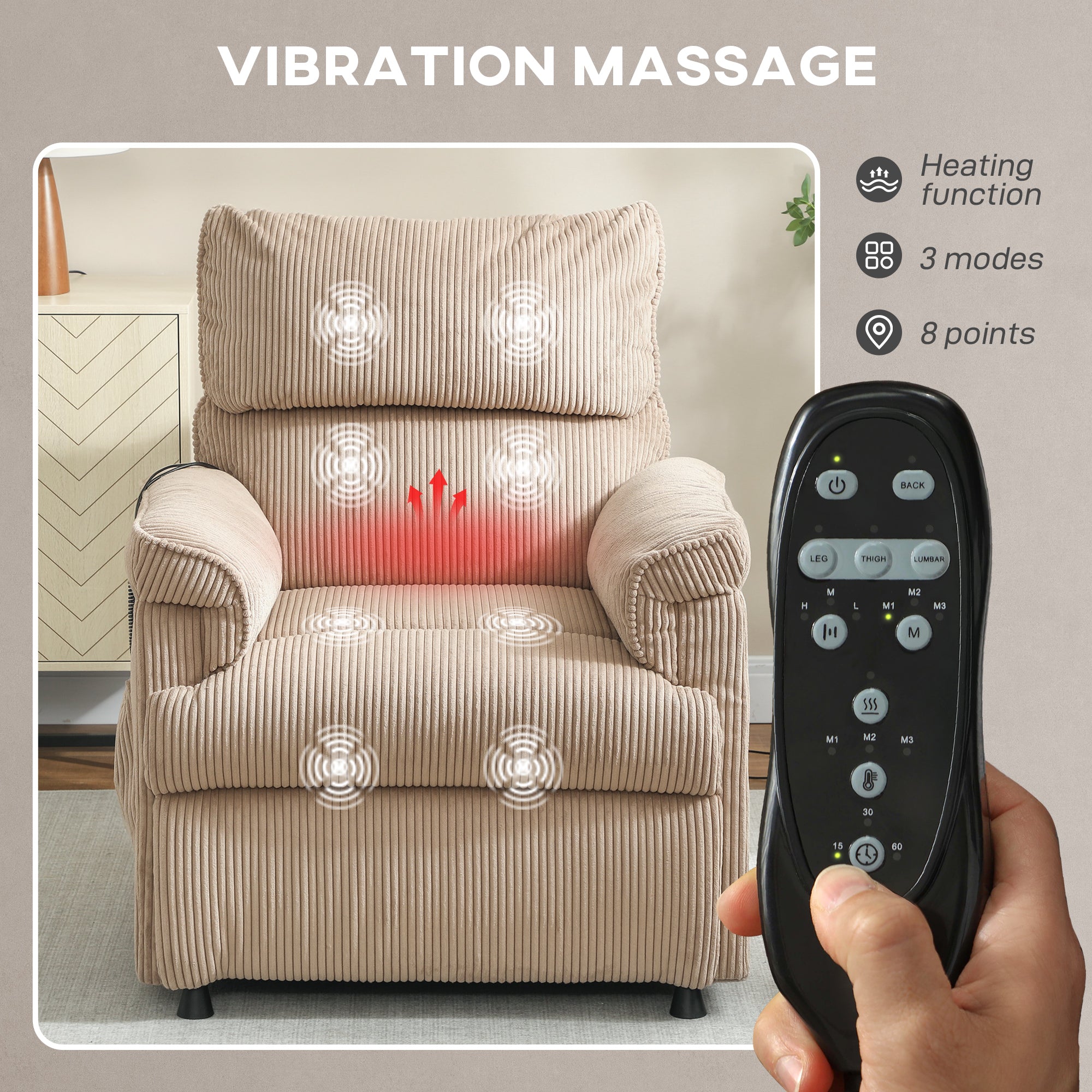 HOMCOM Corduroy Electric Massage Recliner - Brown - anydaydirect