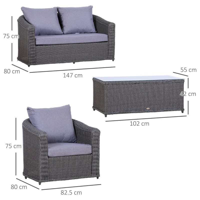 Outsunny 4-Seater Deluxe PE Rattan Outdoor Garden Furniture Set Grey - anydaydirect