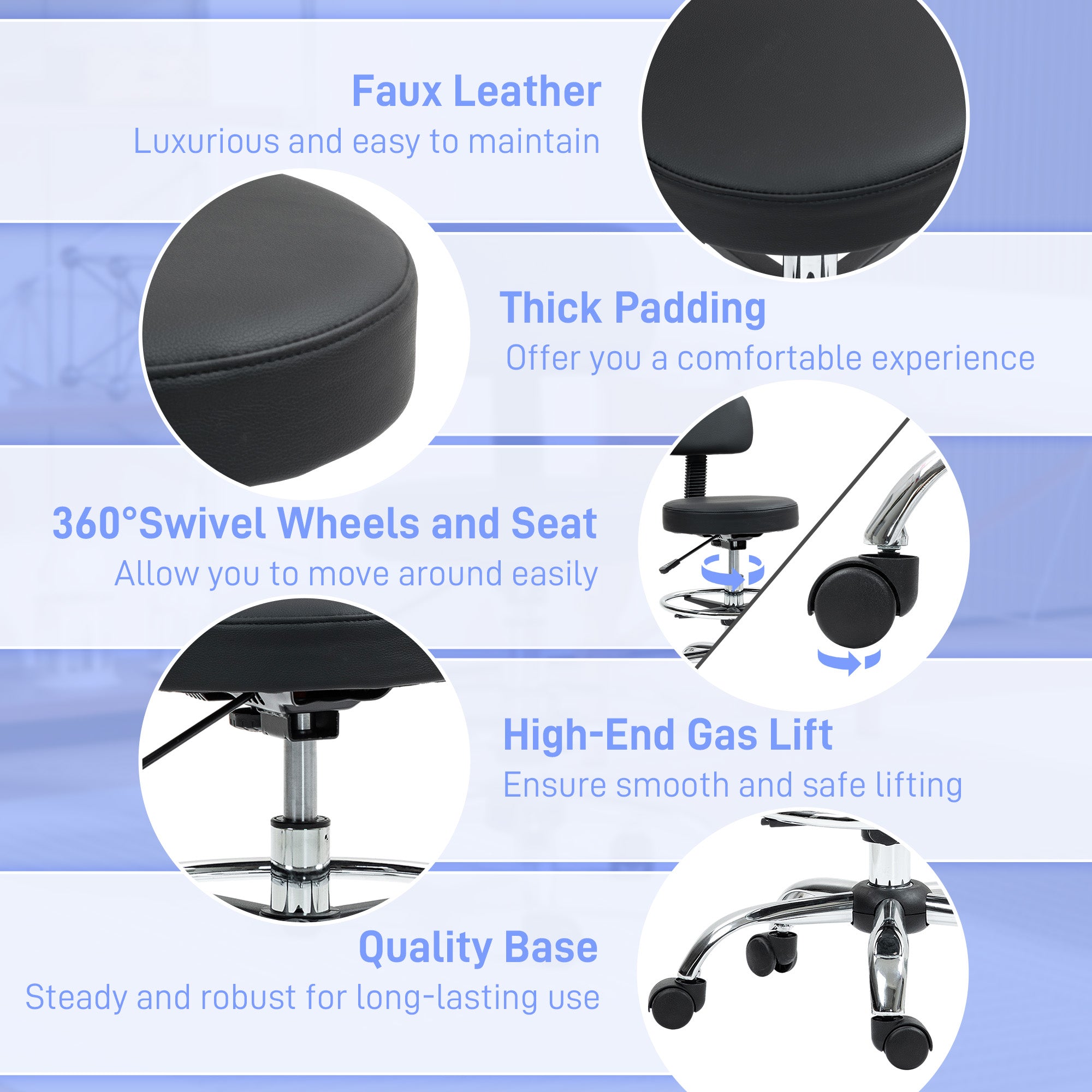 HOMCOM Drafting Chair, Office Chair with Backrest and Adjustable Footrest, Height Adjustable Stool, Leather Padded Rolling Task Chair for Home Office, Black - anydaydirect