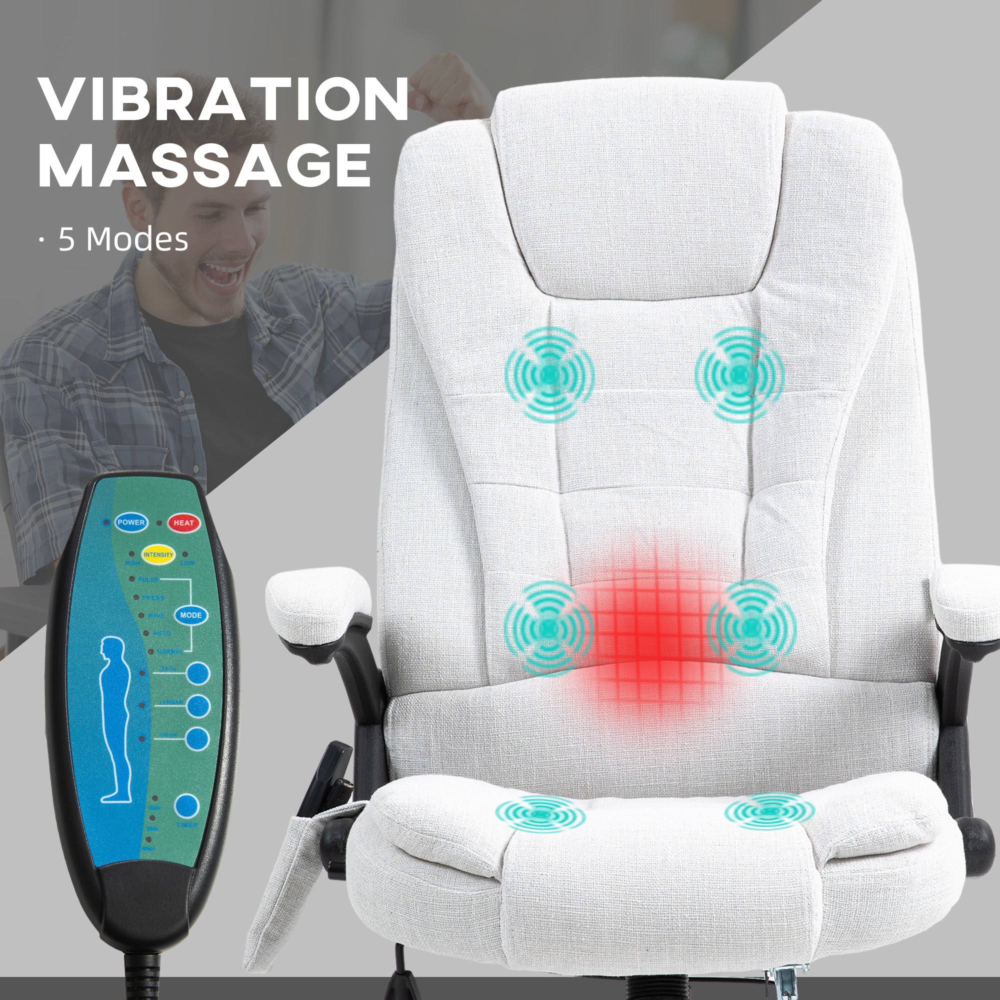 Vinsetto Massage Recliner Chair Heated Office Chair with Six Massage Points Linen-Feel Fabric 360° Swivel Wheels Cream White - anydaydirect