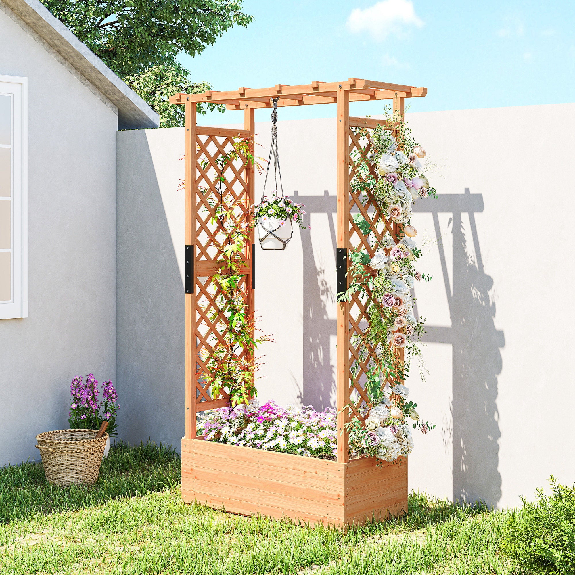 Outsunny Fir Wood 110 x 44 cm Planter and Trellis Garden Bed - anydaydirect