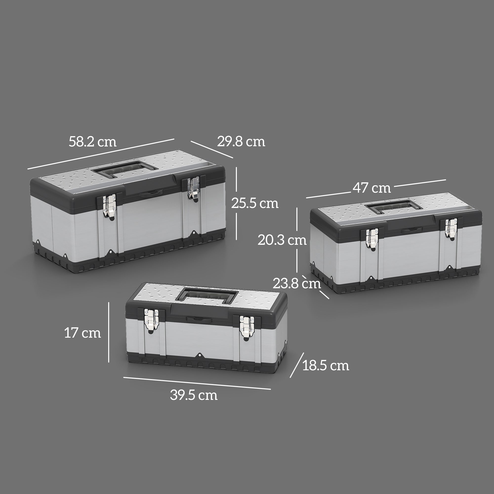 HOMCOM 3 Pieces Stainless Steel Toolbox Set, 23"/ 19"/ 16" - anydaydirect