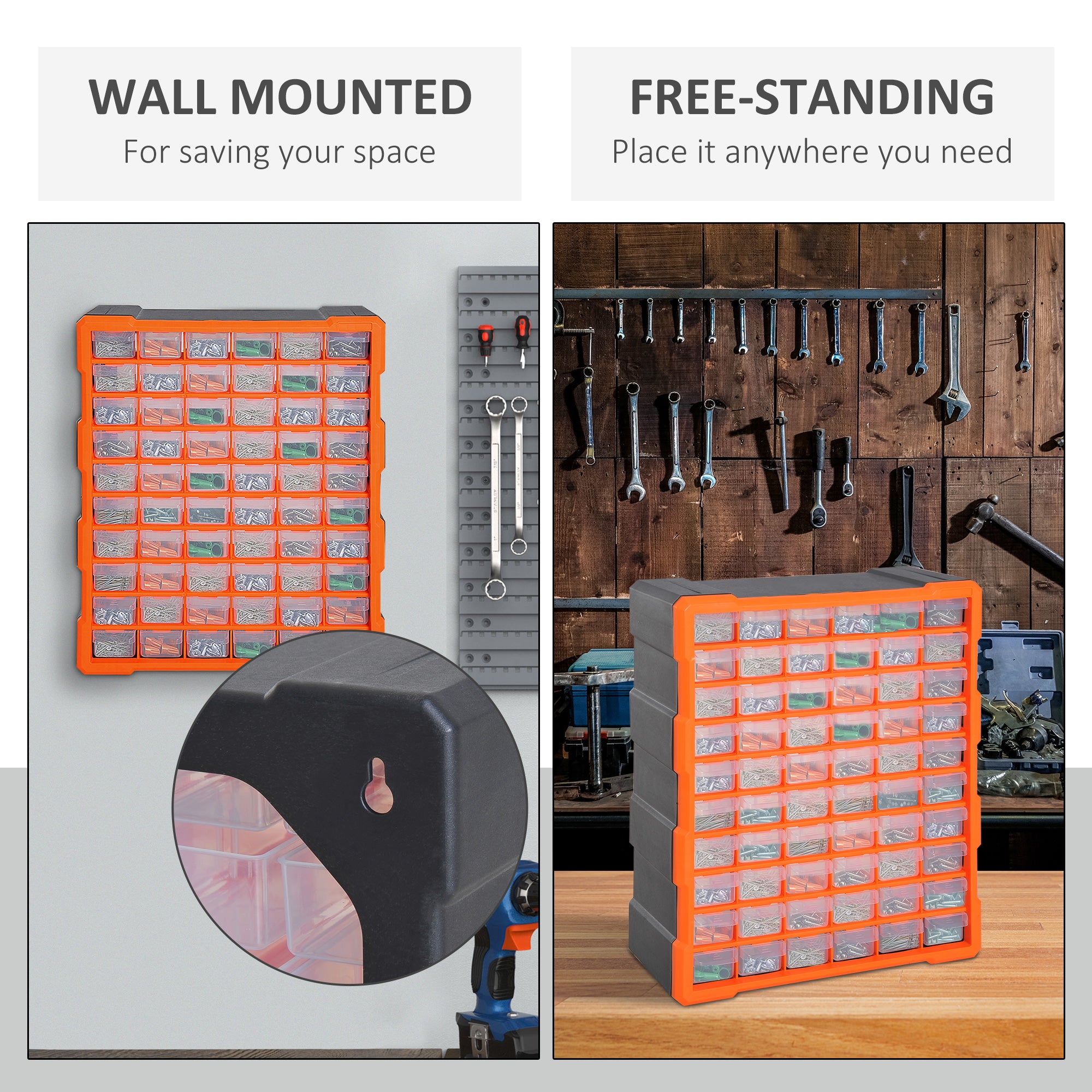 DURHAND 60 Drawers Parts Organiser Wall Mount Storage Cabinet Garage Small Nuts Bolts Tools Clear Orange - anydaydirect