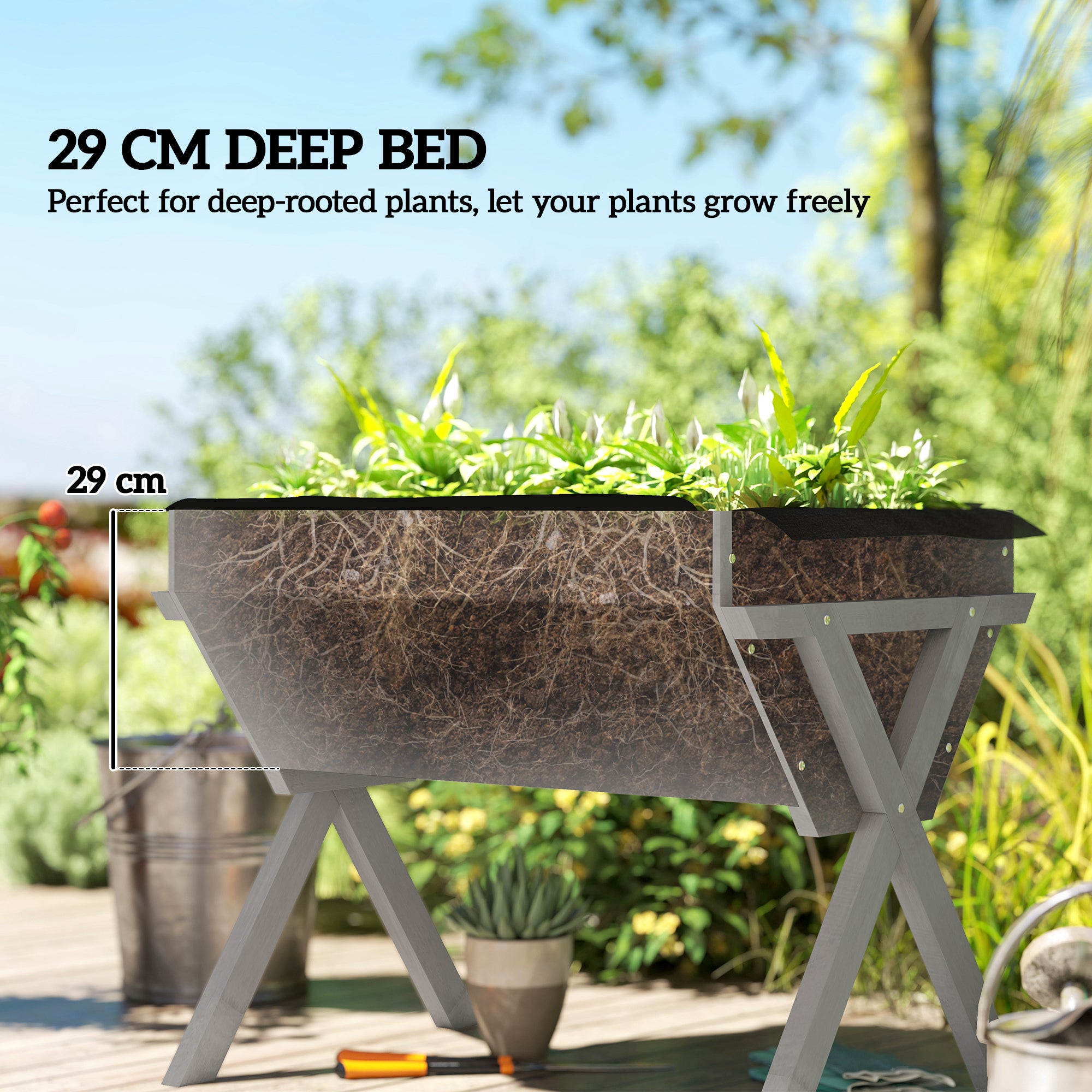 Outsunny Wooden Raised Garden Bed with Bed Liner, Elevated Planter Box with Legs, Light Grey - anydaydirect