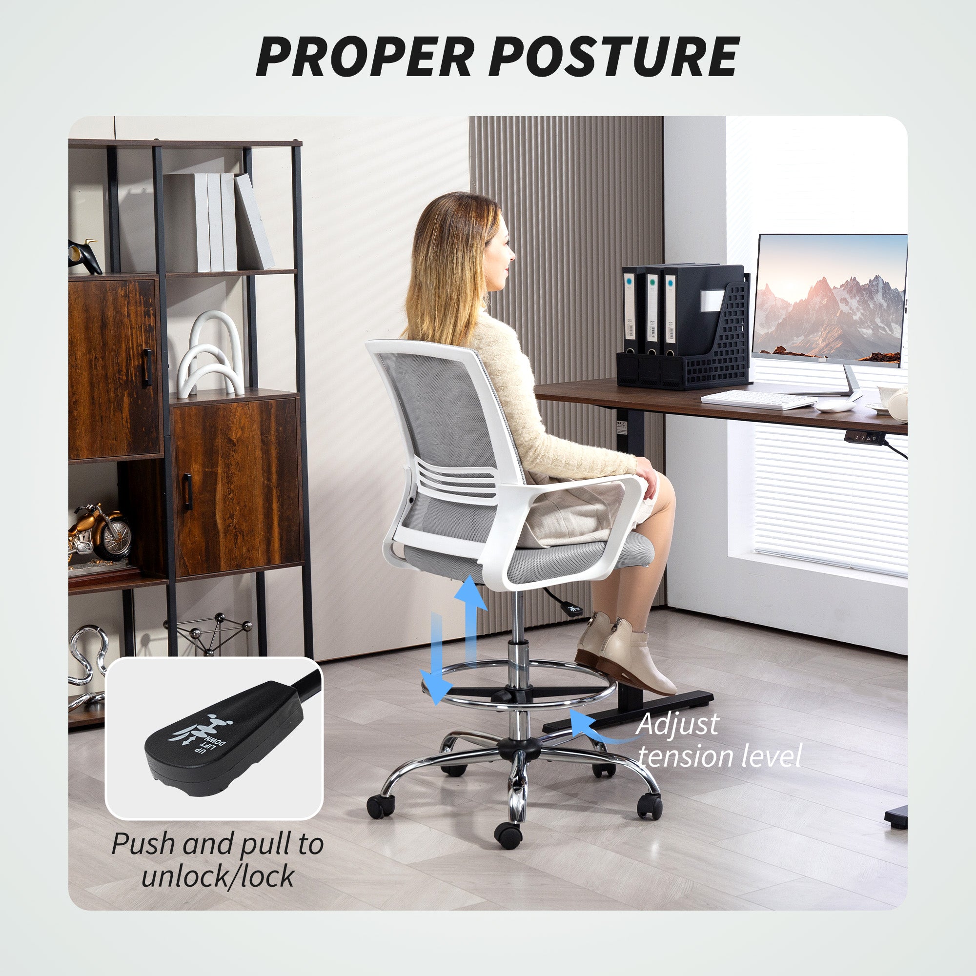 HOMCOM Draughtsman Chair, Mesh Drafting Chair, Ergonomic Office Chair with Lumbar Support, Adjustable Foot Ring, Grey - anydaydirect