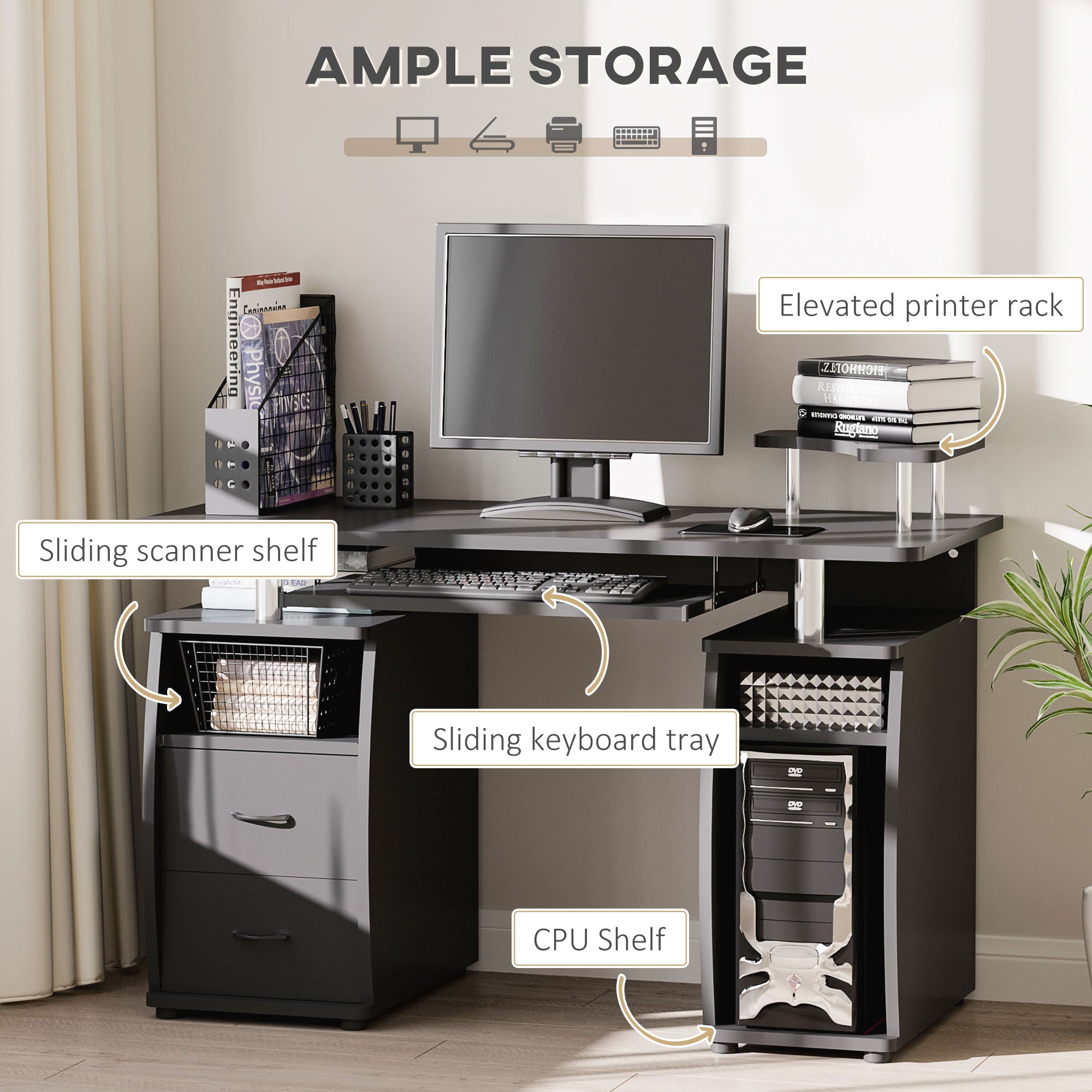 HOMCOM Computer Desk Office PC Table Workstation with Keyboard Tray, CPU Shelf, Drawers, Sliding Scanner Shelf, Black - anydaydirect