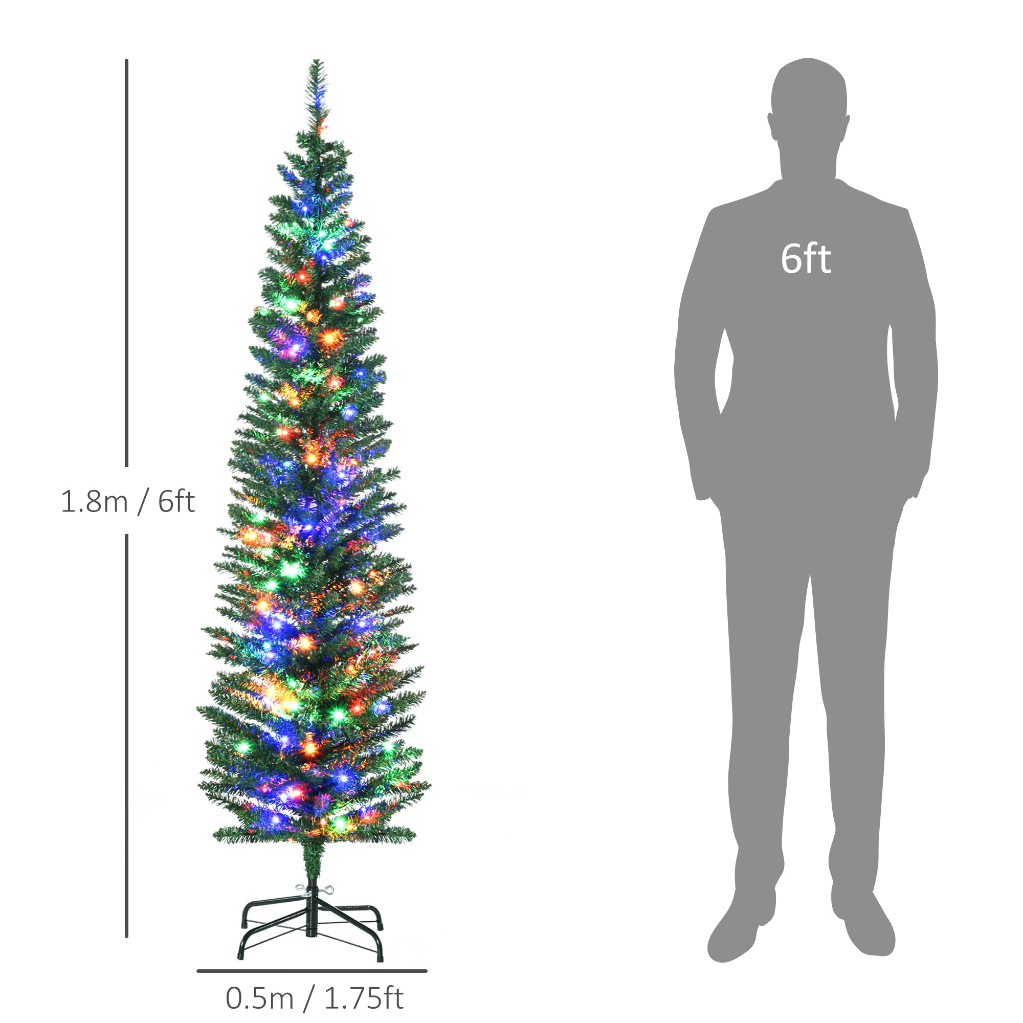 HOMCOM 6' Artificial Prelit Christmas Trees Holiday Décor with Colourful LED Lights, Pencil Shape, Steel Base - anydaydirect