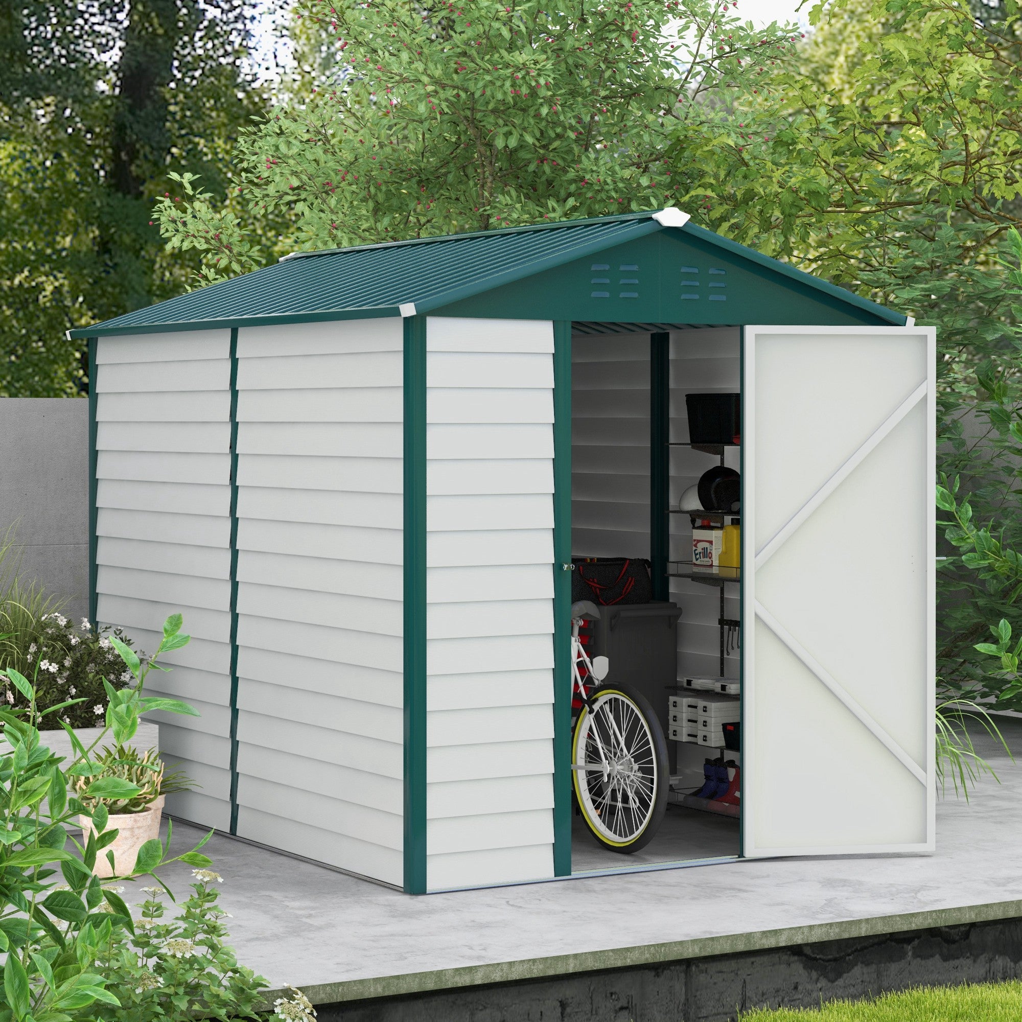 Outsunny 9FT x 6FT Galvanized Metal Garden Shed, Outdoor Storage Shed with Sloped Roof, Lockable Door, Tool Storage Shed for Backyard, Patio, White - anydaydirect
