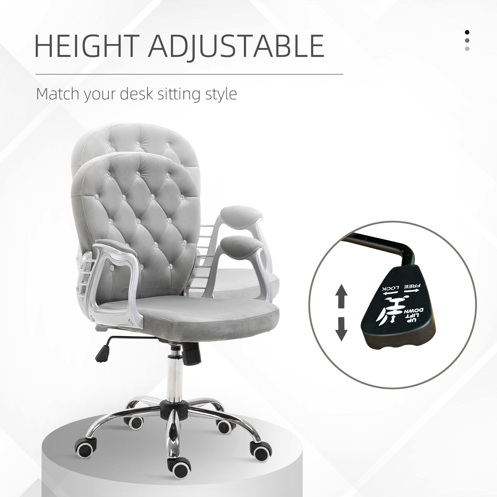Vinsetto Office Chair, Swivel Desk Chair, Velvet Vanity Chair with Adjustable Height and Rolling Wheels for Home Work Study, Grey - anydaydirect