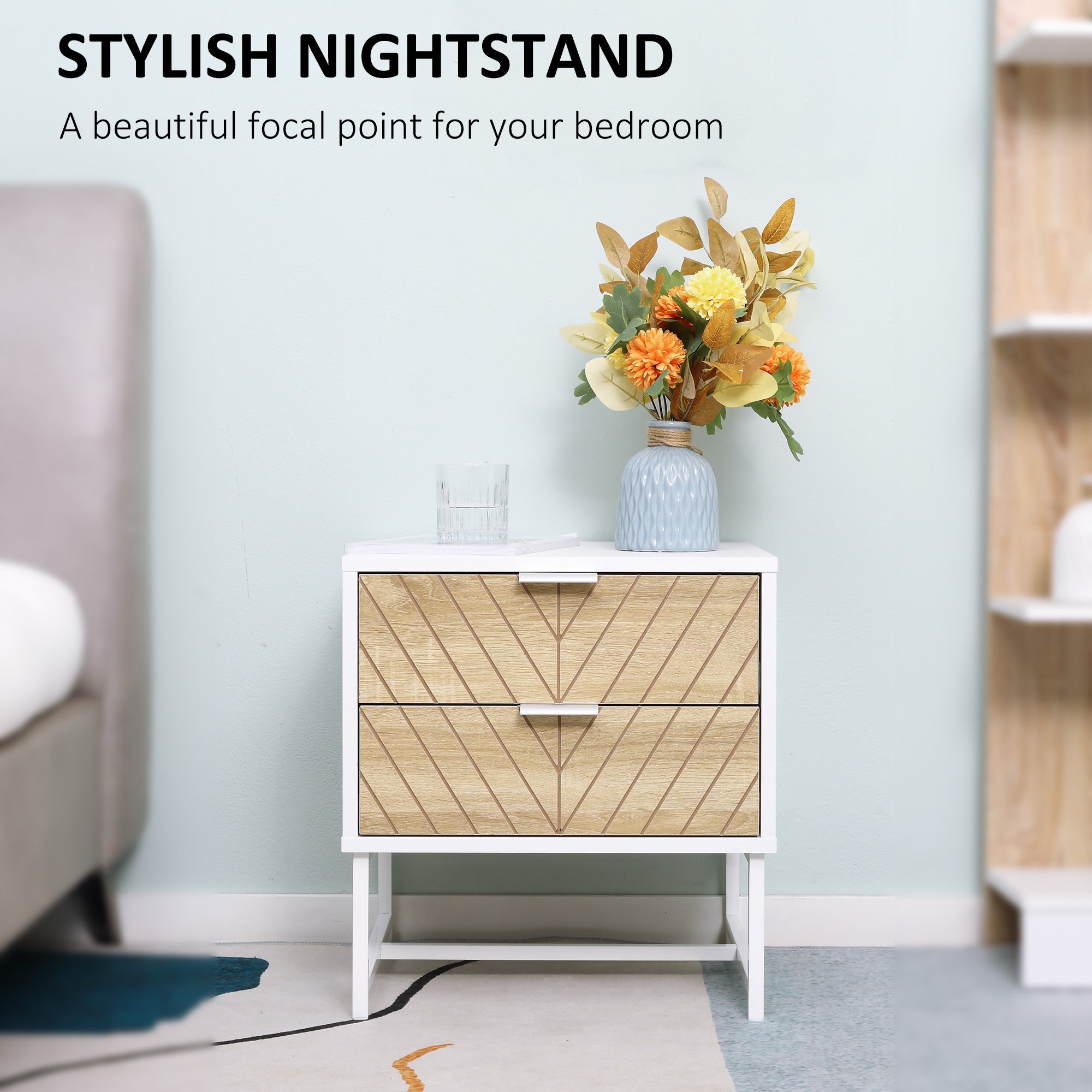HOMCOM Modern Bedside Table with 2 Drawers and Metal Frame, Sofa Side Table for Bedroom Living Room, White and Oak - anydaydirect
