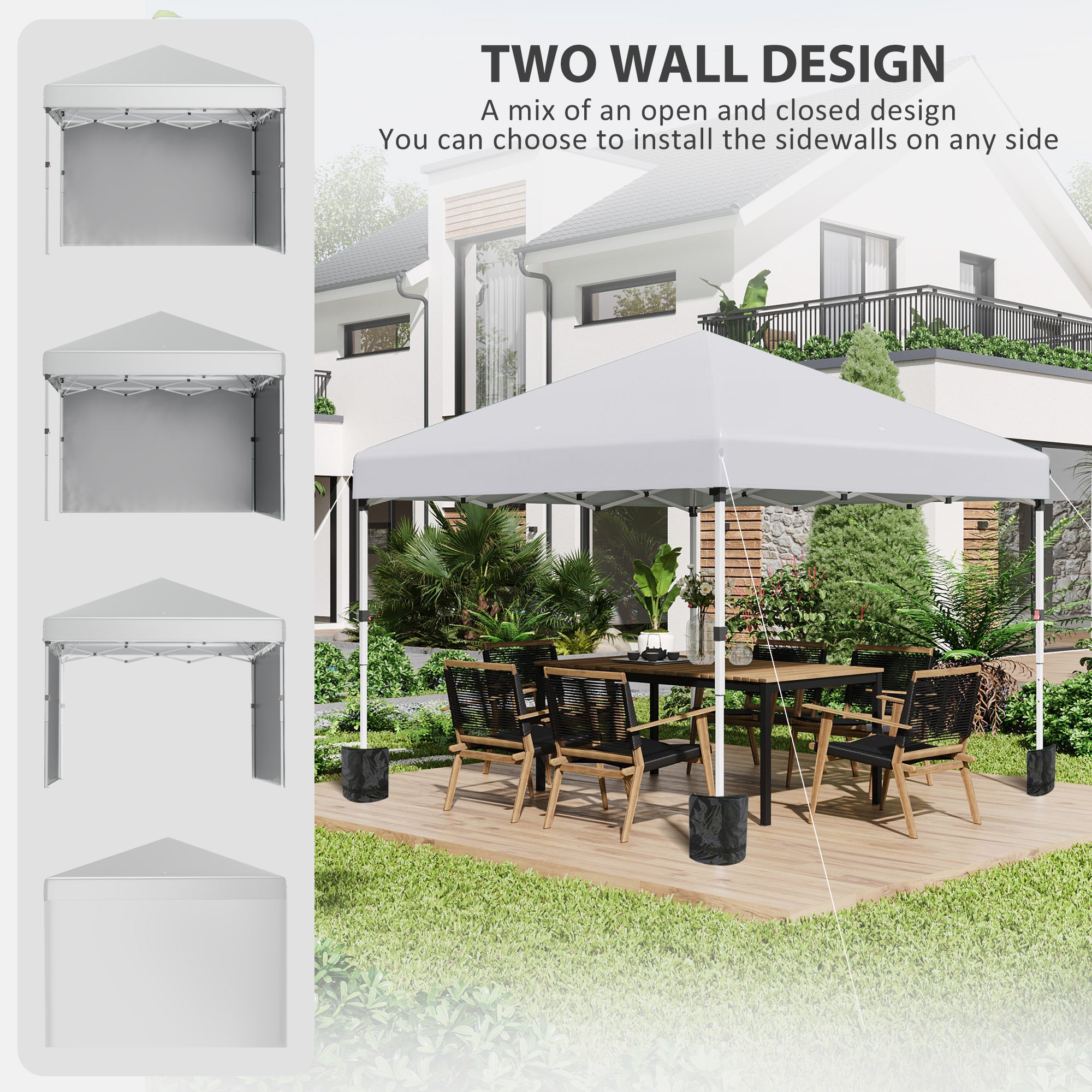 Outsunny 3 x 3 (M) Pop Up Gazebo, UPF 30+ with 2 Sidewalls, Leg Weight Bags and Wheeled Bag, Height Adjustable Party Tent Event Shelter for Garden, Patio, White - anydaydirect