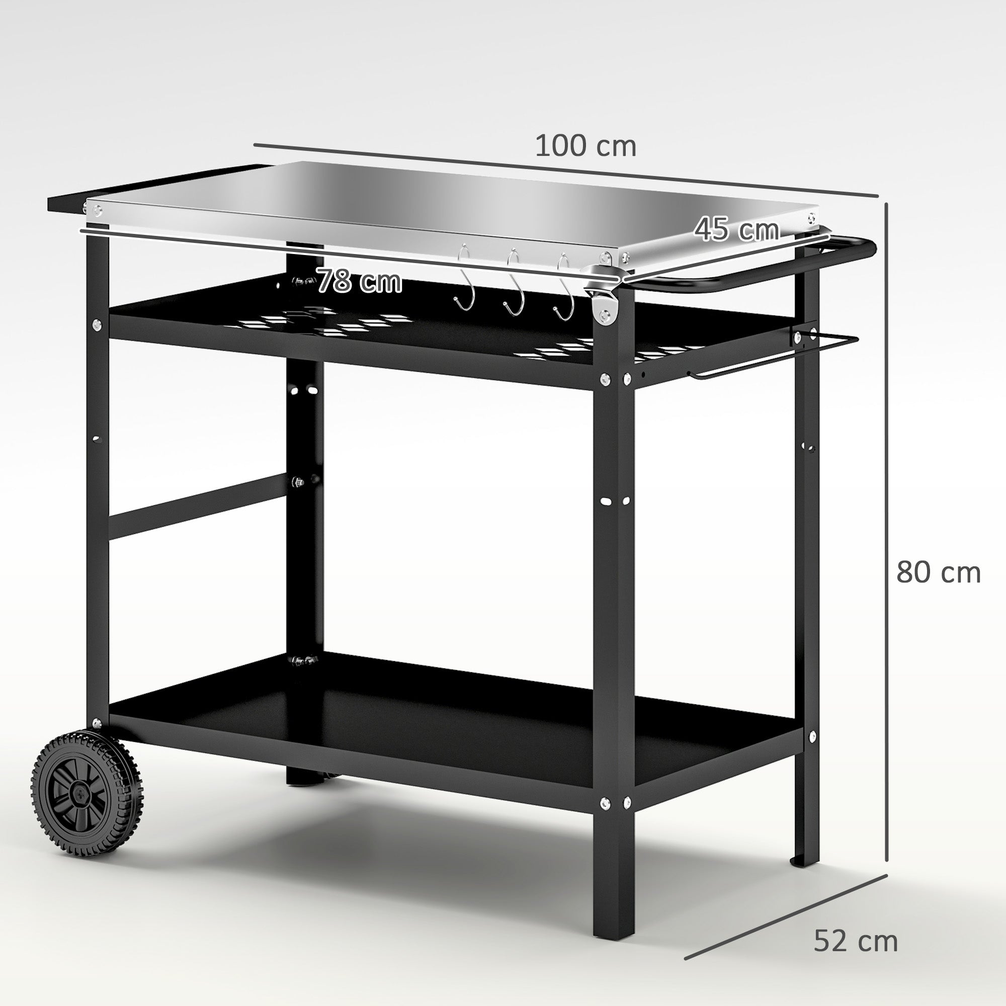 Outsunny BBQ Trolley with Stainless Steel Top Adjustable Shelf, Outdoor Kitchen BBQ Station with Hooks Seasoning Tray Towel Rack, Pizza Oven Table Movable Outdoor Grill Dining Cart with Cover, Black - anydaydirect