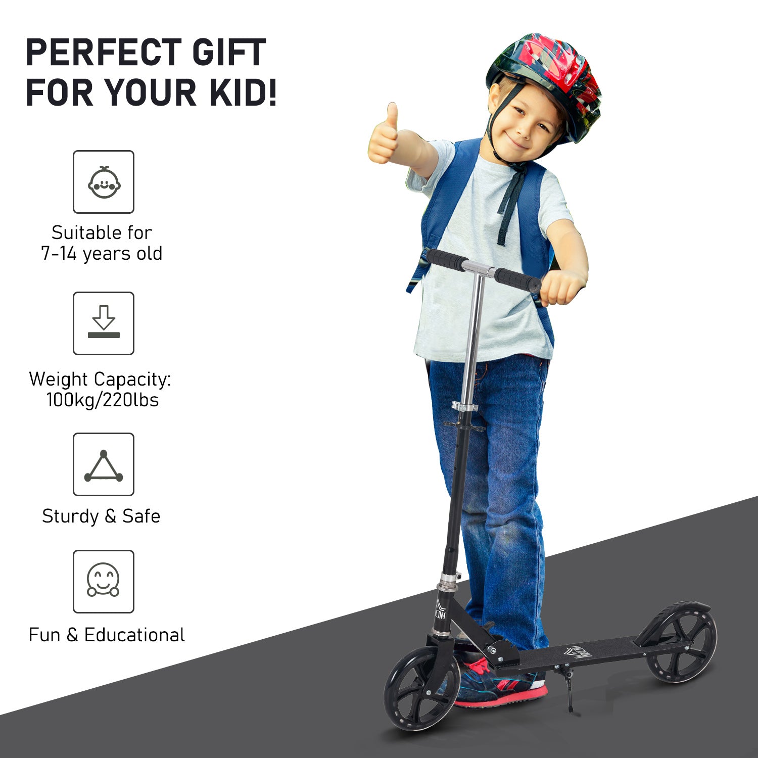 HOMCOM Foldable Kids Scooter, Adjustable Height, Rear Brake, Ride On Toy for Ages 3-8, Black - anydaydirect