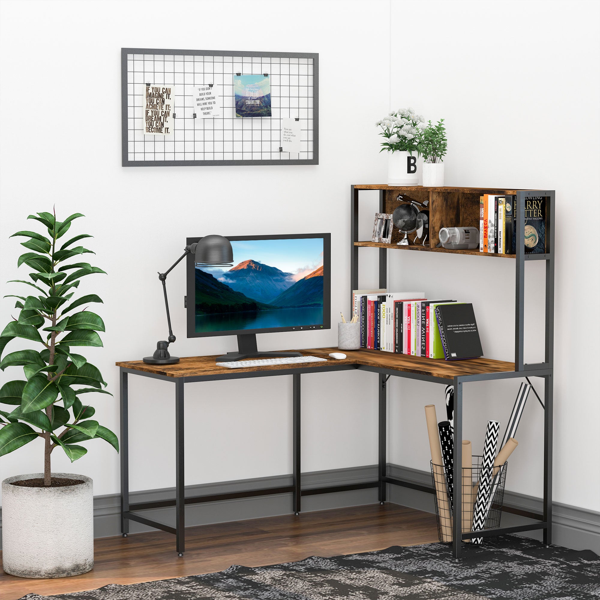 HOMCOM Reversible L Shaped Desk with Hutch, Industrial Computer Desk, Corner Desk with Storage Compartments and Steel Frame for Home Office, Study, 140 x 125cm, Brown - anydaydirect
