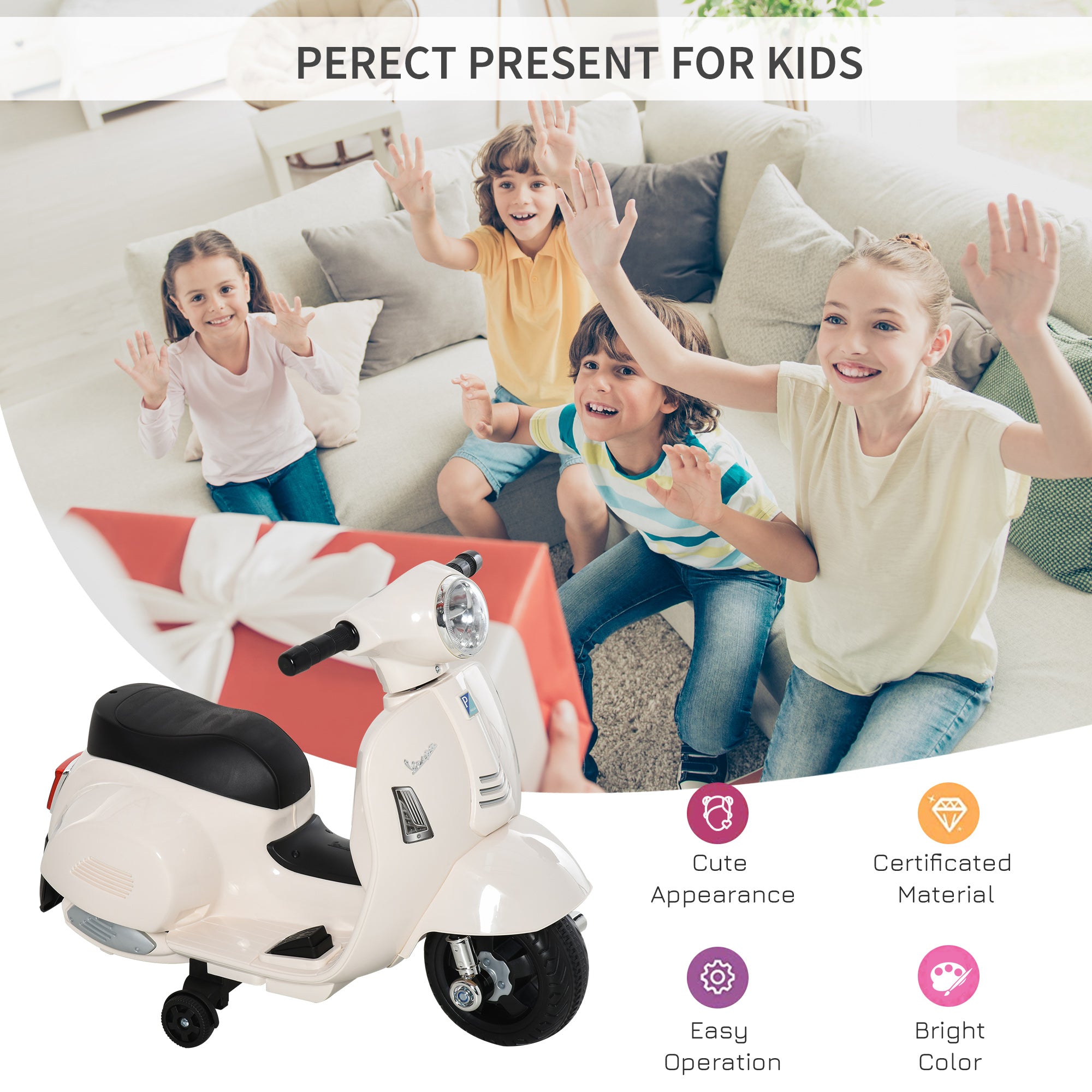 HOMCOM Vespa Licensed Kids Ride On Motorcycle 6V Battery Powered Electric Trike Toys for 18-36 Months with Horn Headlight White - anydaydirect