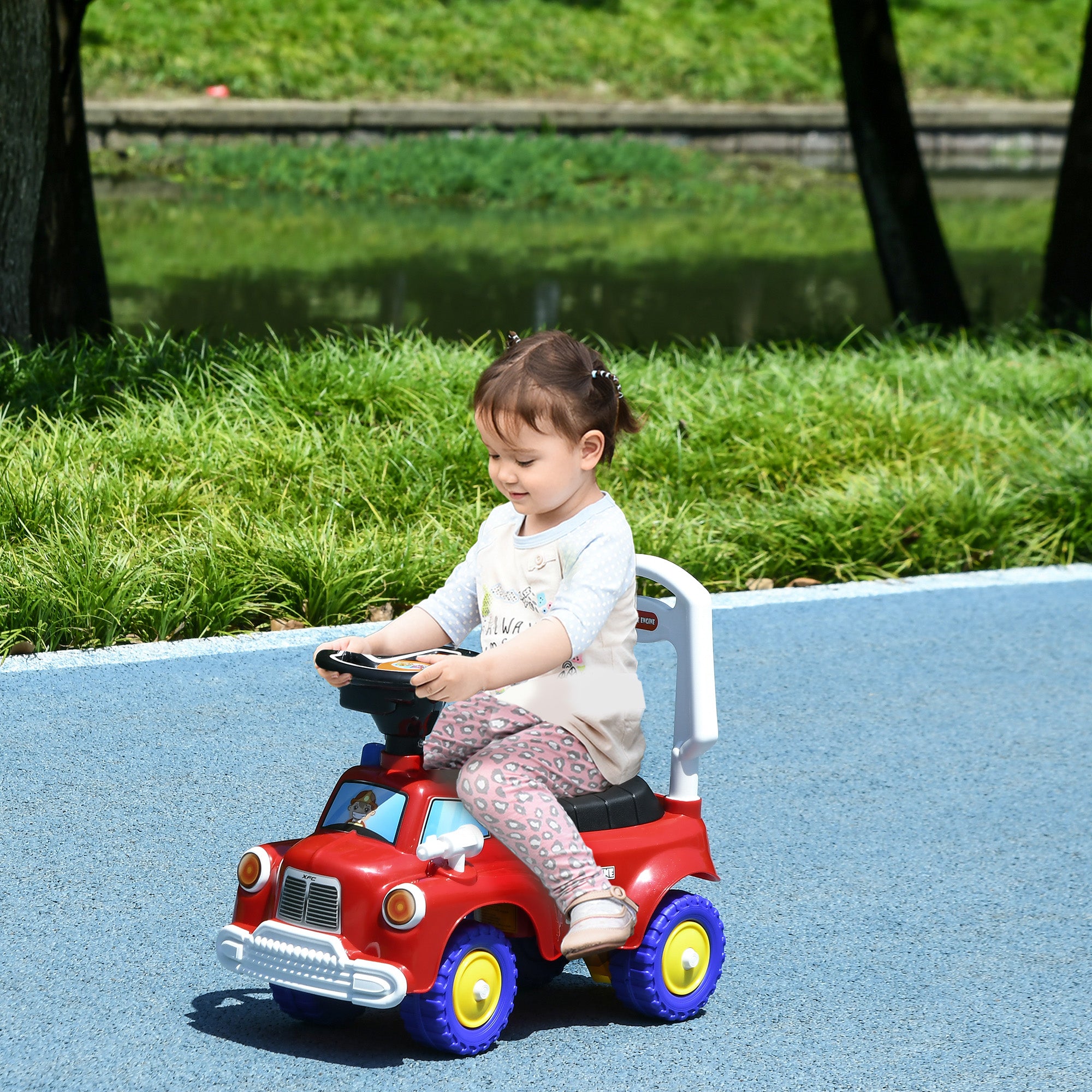 AIYAPLAY Ride On Fire Truck Foot to Floor Design with Under Seat Storage, Steering Wheel, Music, Light, for 1.5-3 Years, Red - anydaydirect