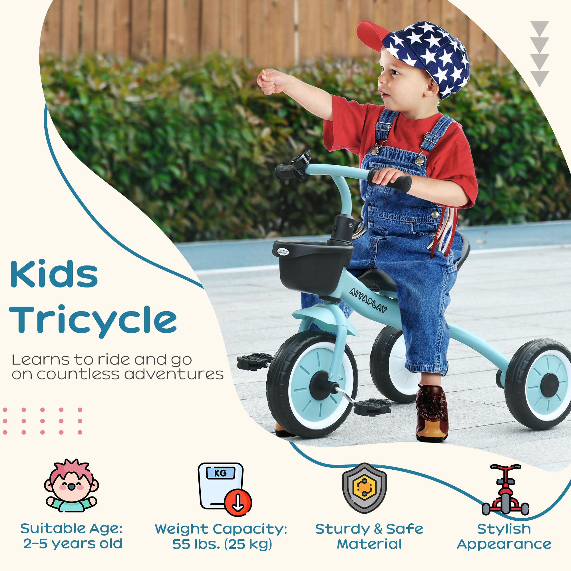 AIYAPLAY Kids Trike, Tricycle, with Adjustable Seat, Basket, Bell, for Ages 2-5 Years - Blue - anydaydirect