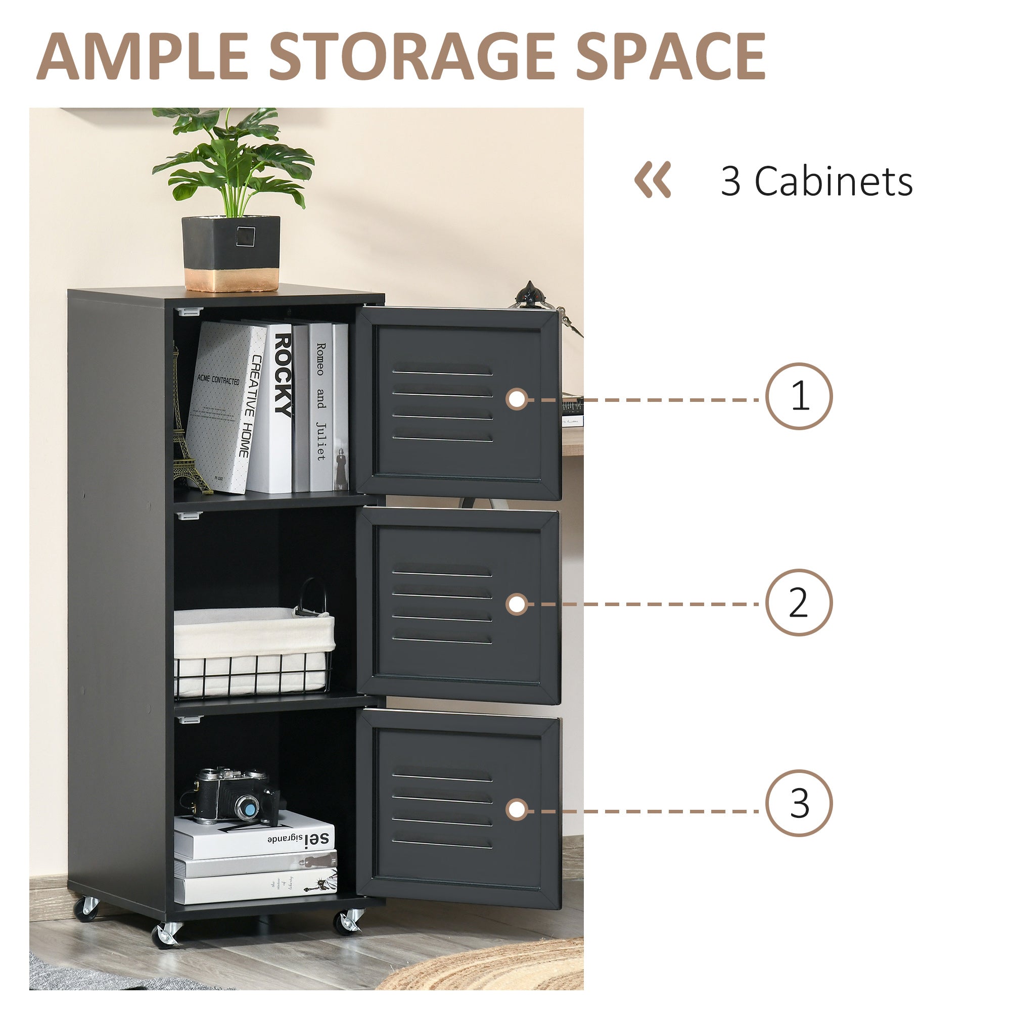 HOMCOM Rolling Storage Cabinet 3-Tier Mobile File Cabinet with Wheels & Metal Doors for Home Office, Living Room, Black - anydaydirect