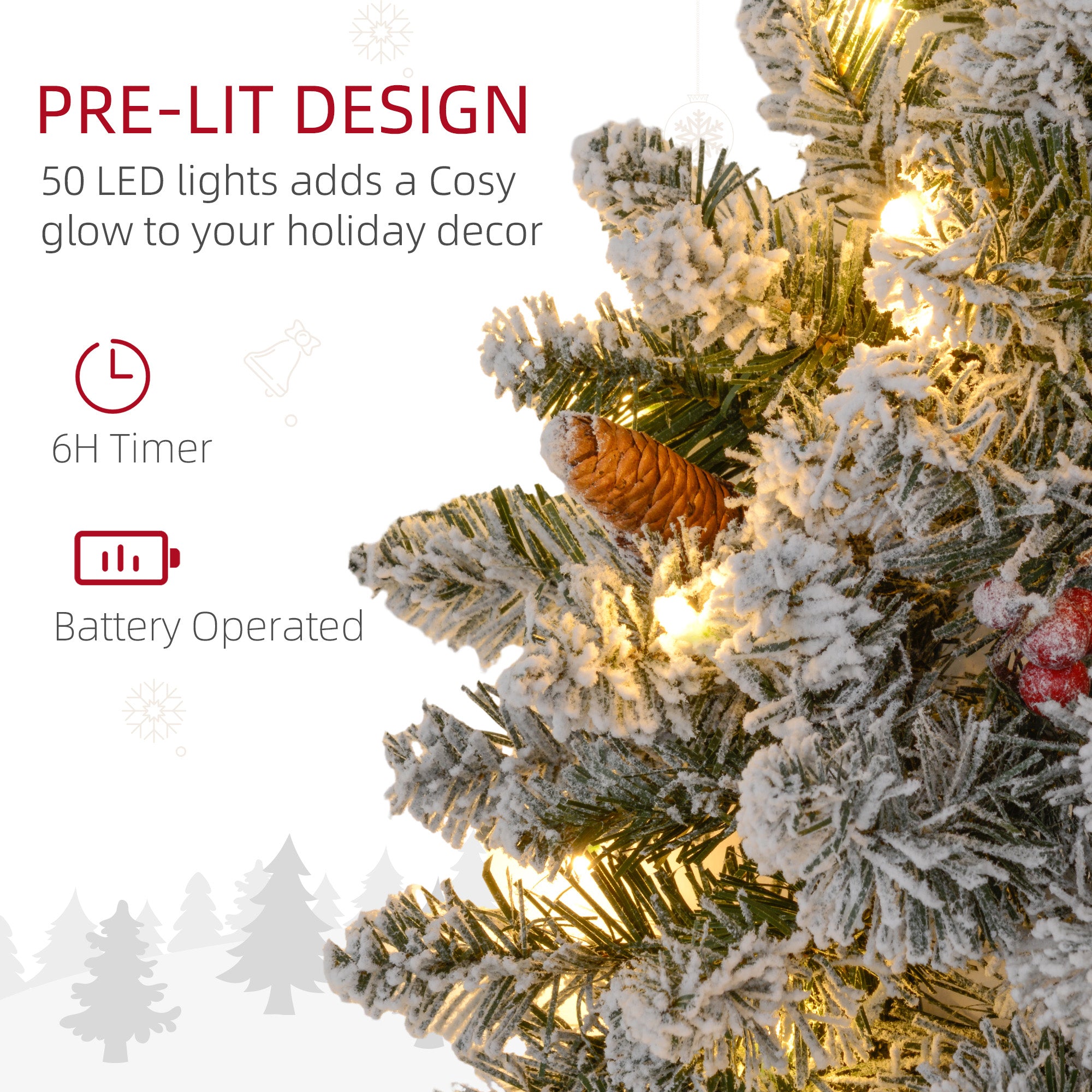 HOMCOM 60cm Pre-Lit Christmas Wreath for Front Door with LED Lights, Pine Cones and Red Berries, Flocked Winter Wreath for Windows, Wall Decoration, Green - anydaydirect