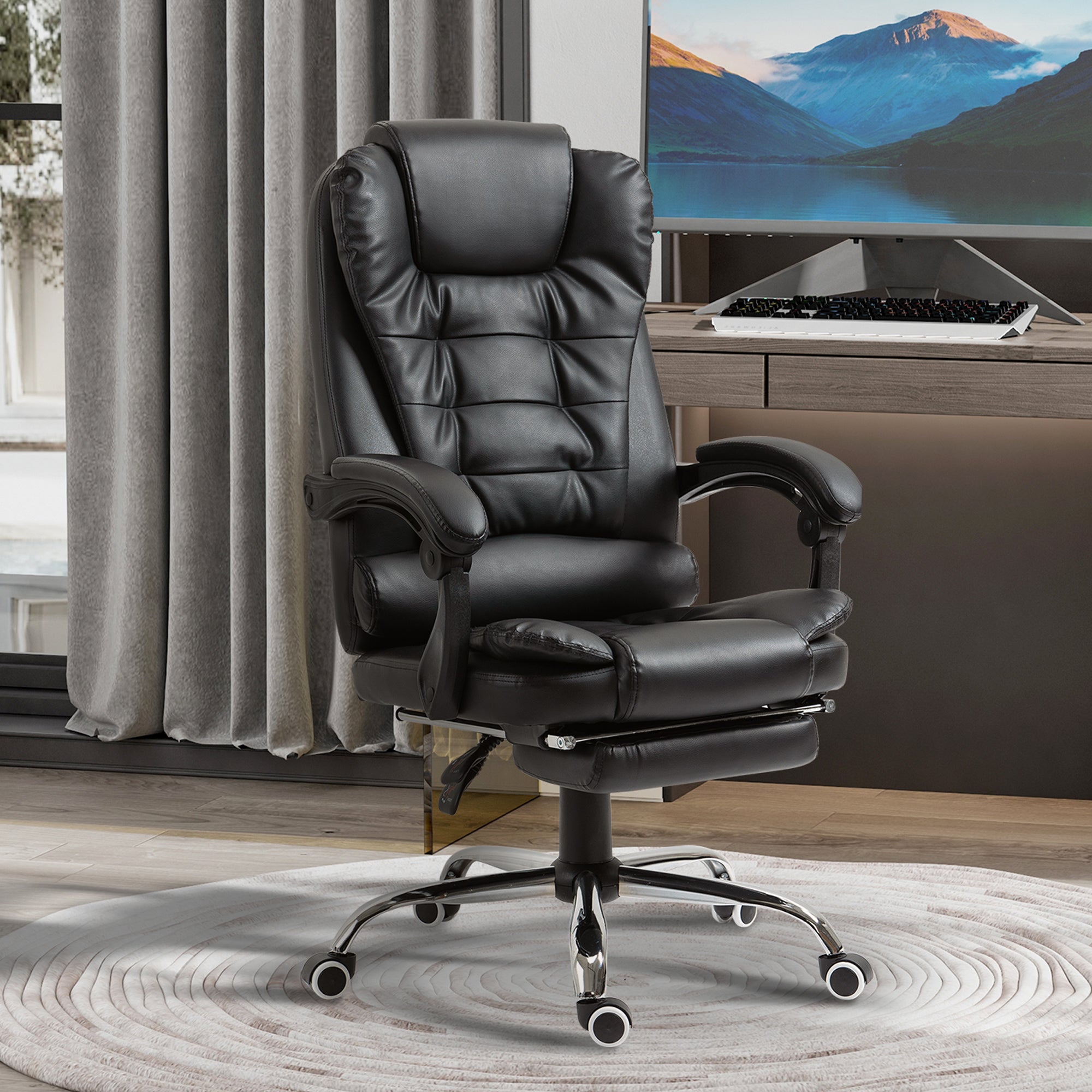 HOMCOM Executive Office Chair, PU Leather Home Office Chair with Swivel Wheels, Reclining Backrest, Retractable Footrest, Black - anydaydirect