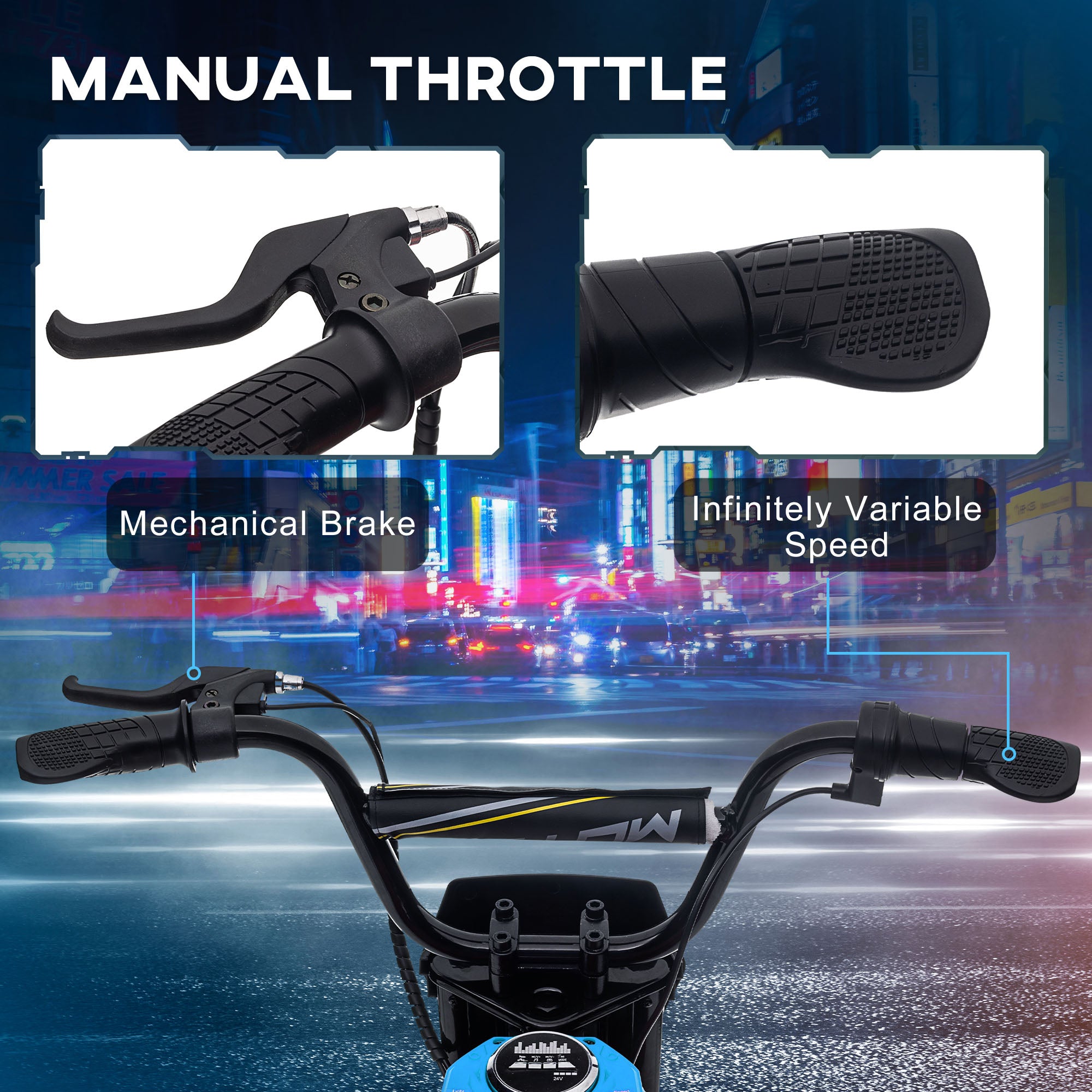 HOMCOM 24V Electric Motorbike with Twist Grip Throttle, Music, Horn, 12" Pneumatic Tyres, 16km/h Max Speed - Blue - anydaydirect