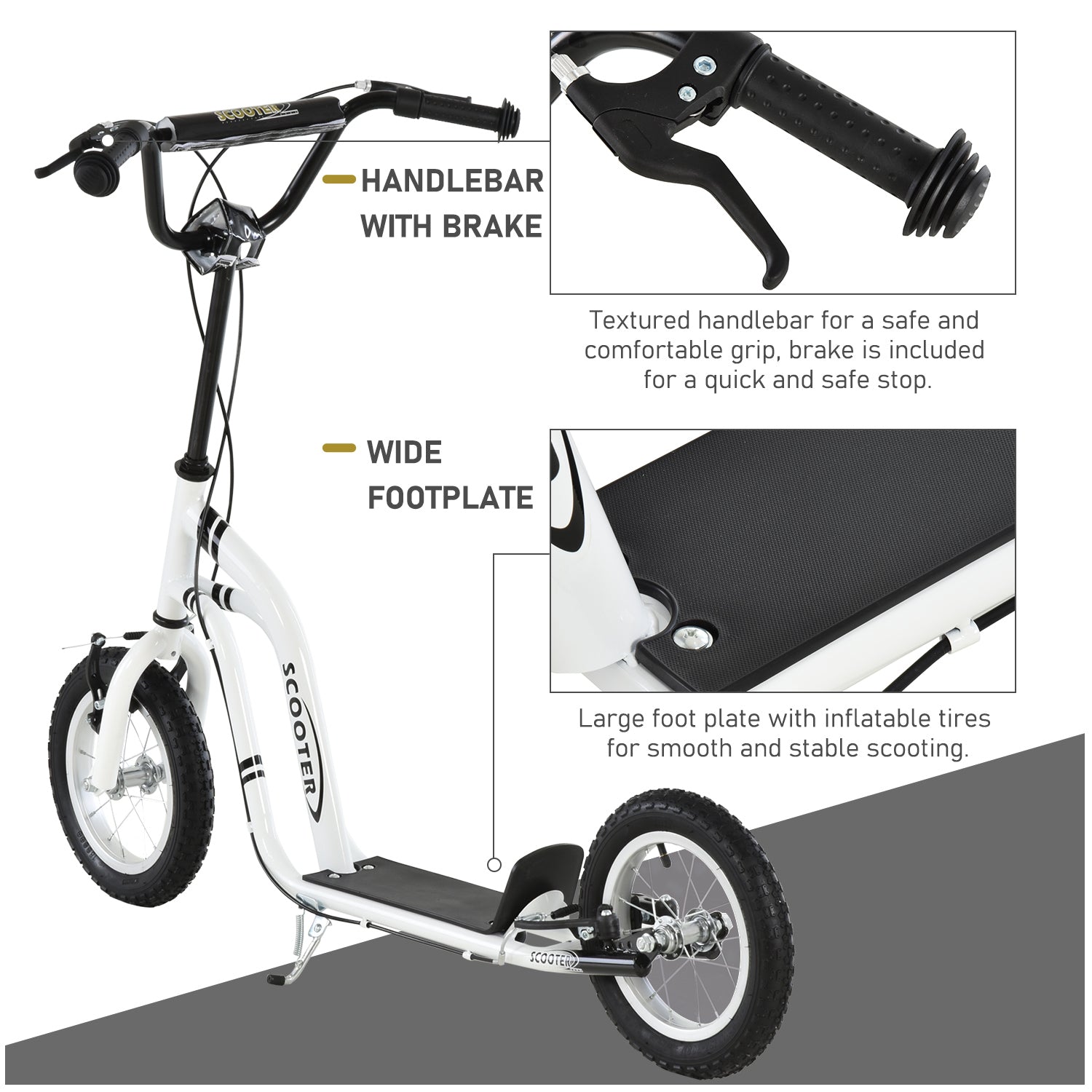 HOMCOM Youth Scooter Front and Rear Caliper Dual Brakes 12-Inch Inflatable Front Wheel Ride On Toy For Age 5+ - anydaydirect